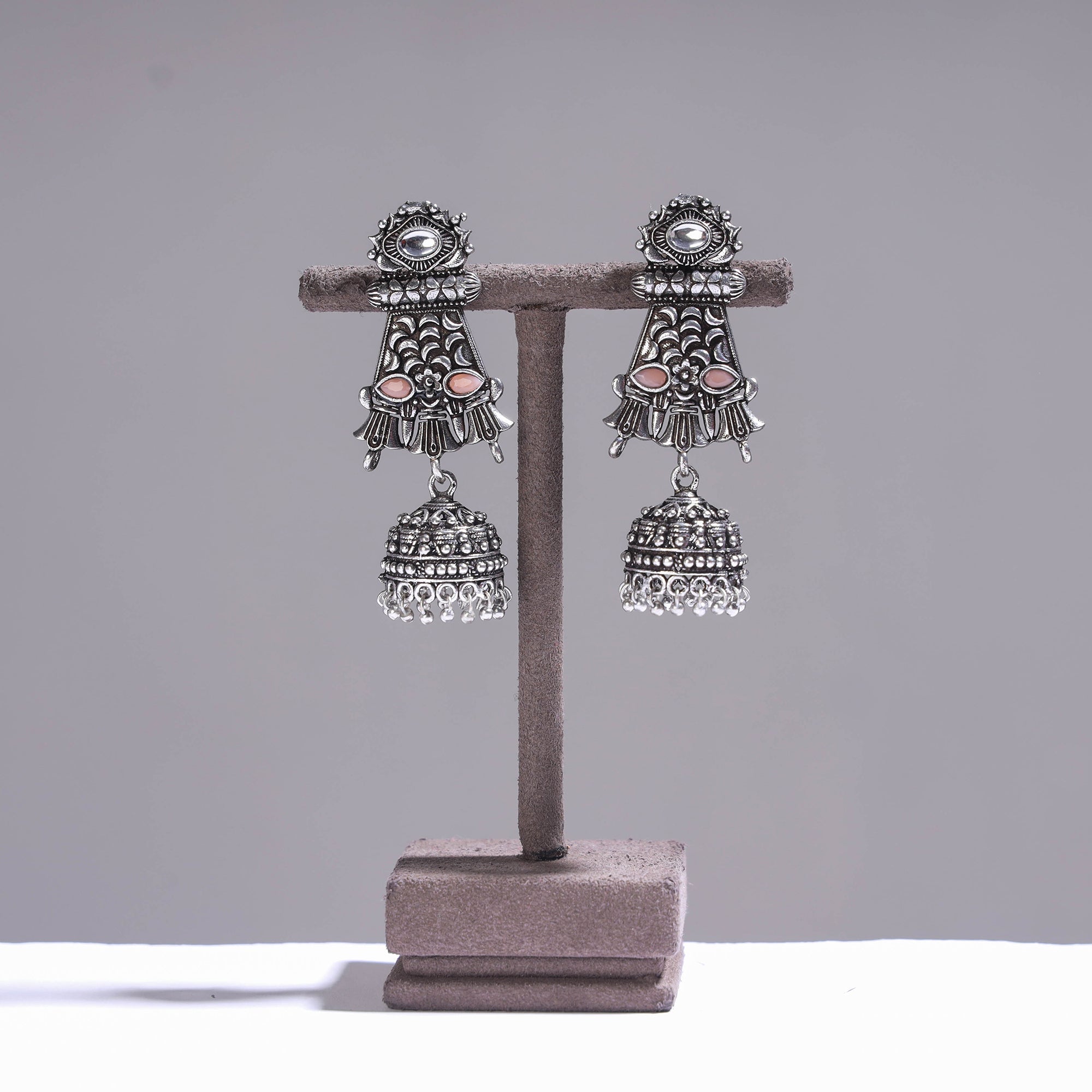 WHITE RIVER STORIES Antique Silver Finish Oxidised Brass Base Stone Work Jhumki Earrings