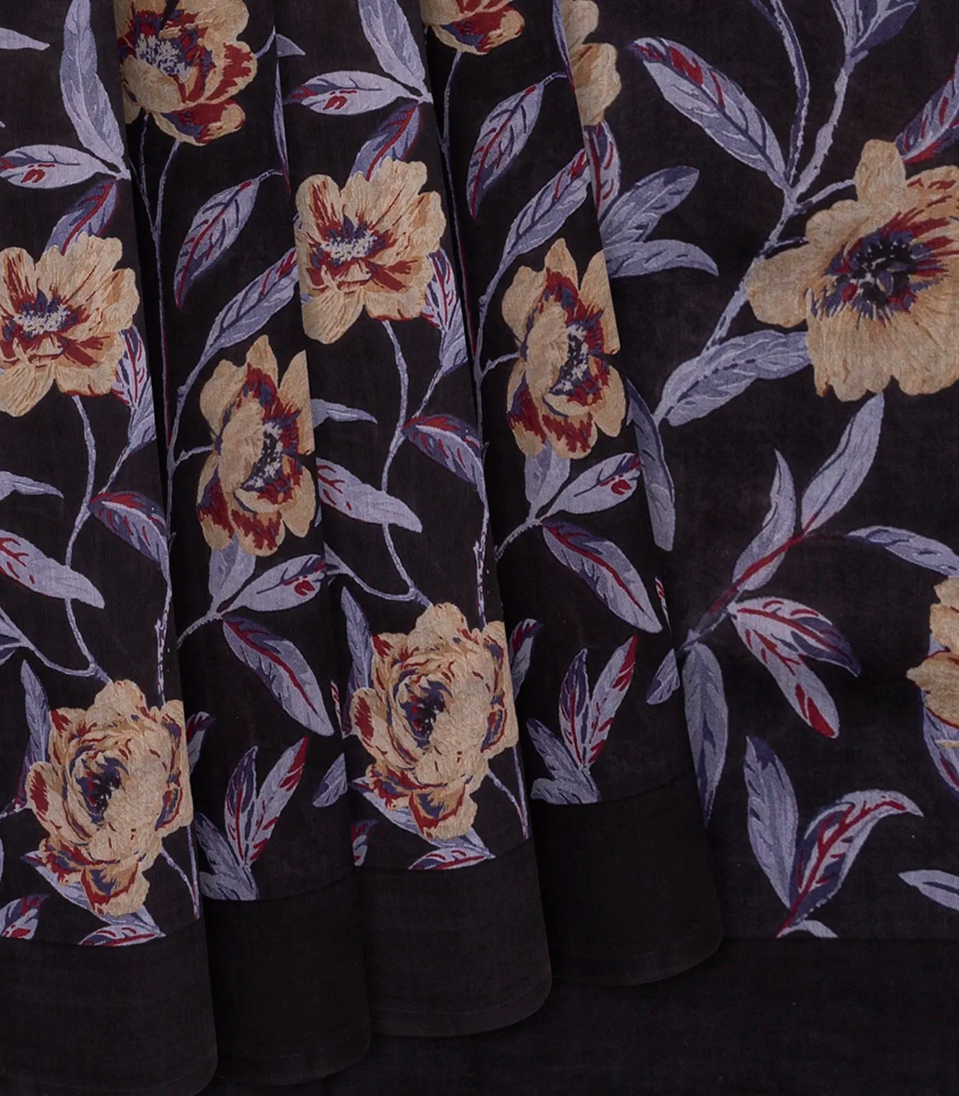 RmKV Black Handloom Chanderi Cotton Saree With Printed Floral Vine Motifs-Black