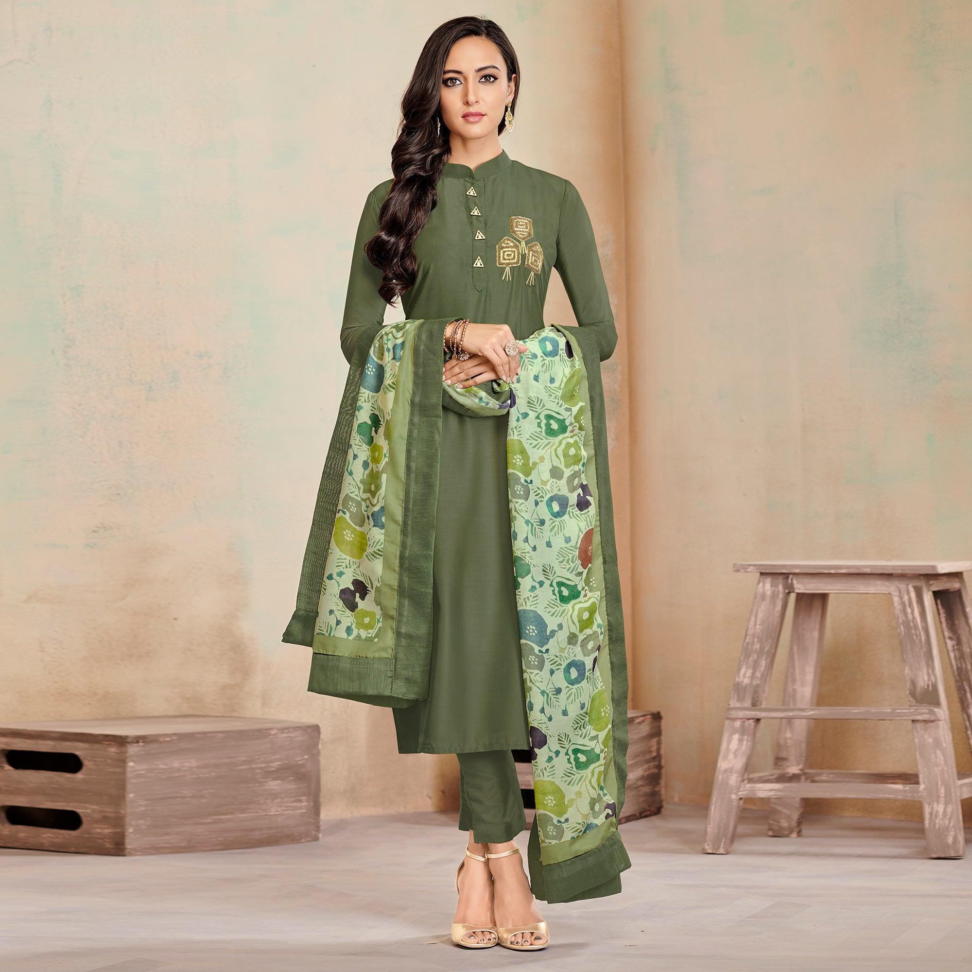Peachmode Seller Captivating Olive Green Colored Partywear Cotton Suit