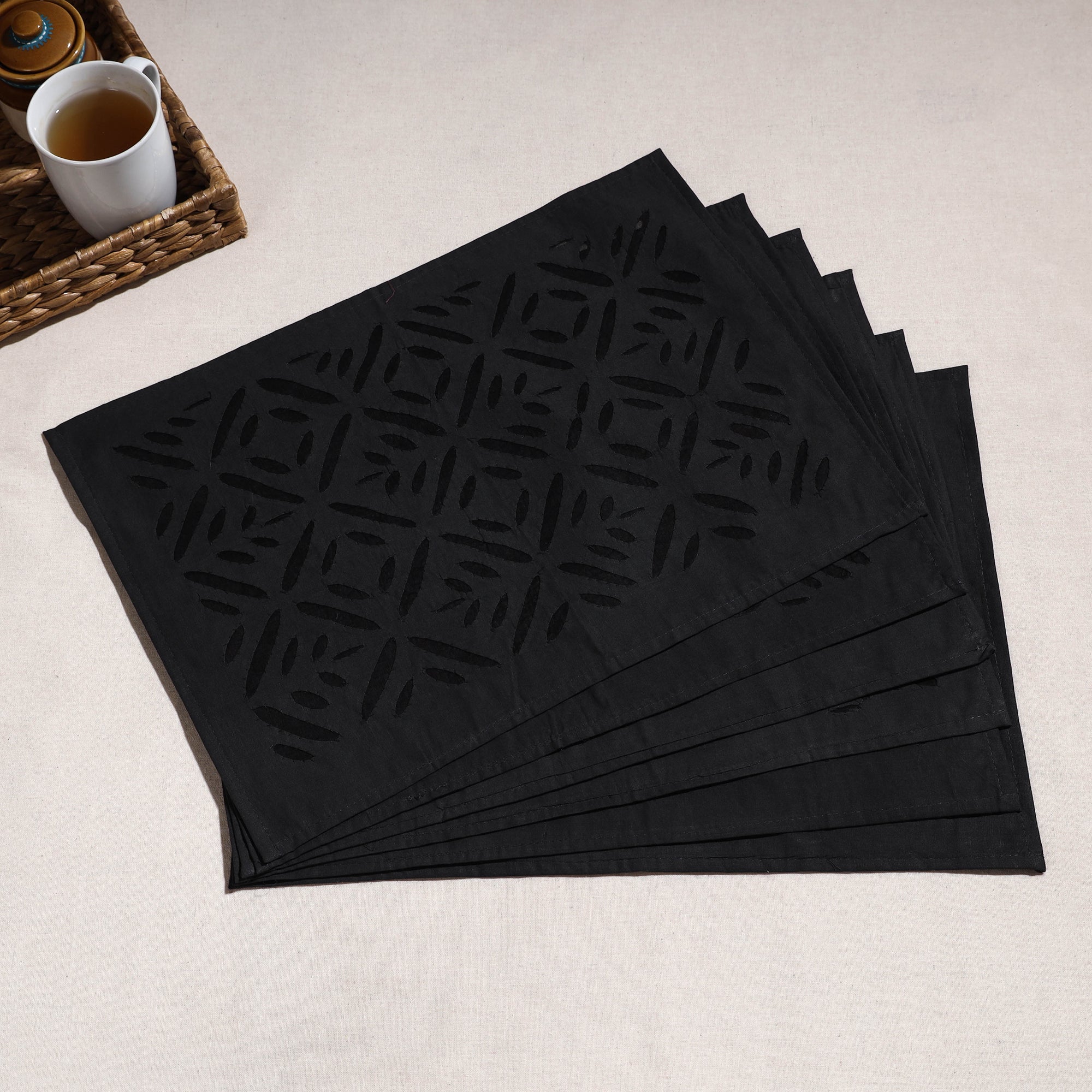SHADES OF MARUDHARA Black - Applique Cut work Cotton Table Mats (set of 6)
