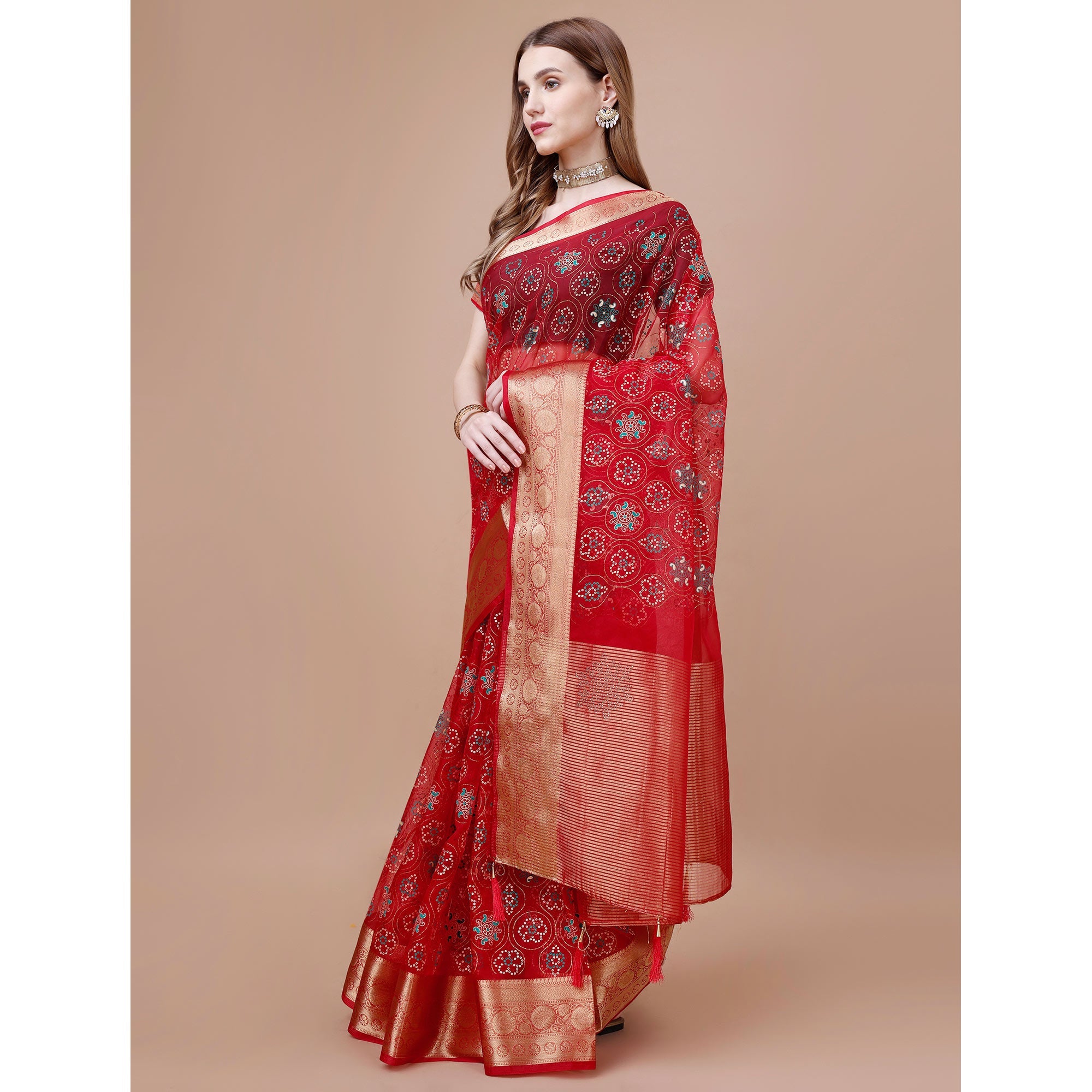 Peachmode Dark Red Bandhani Printed Organza Saree With Woven Border - view 4
