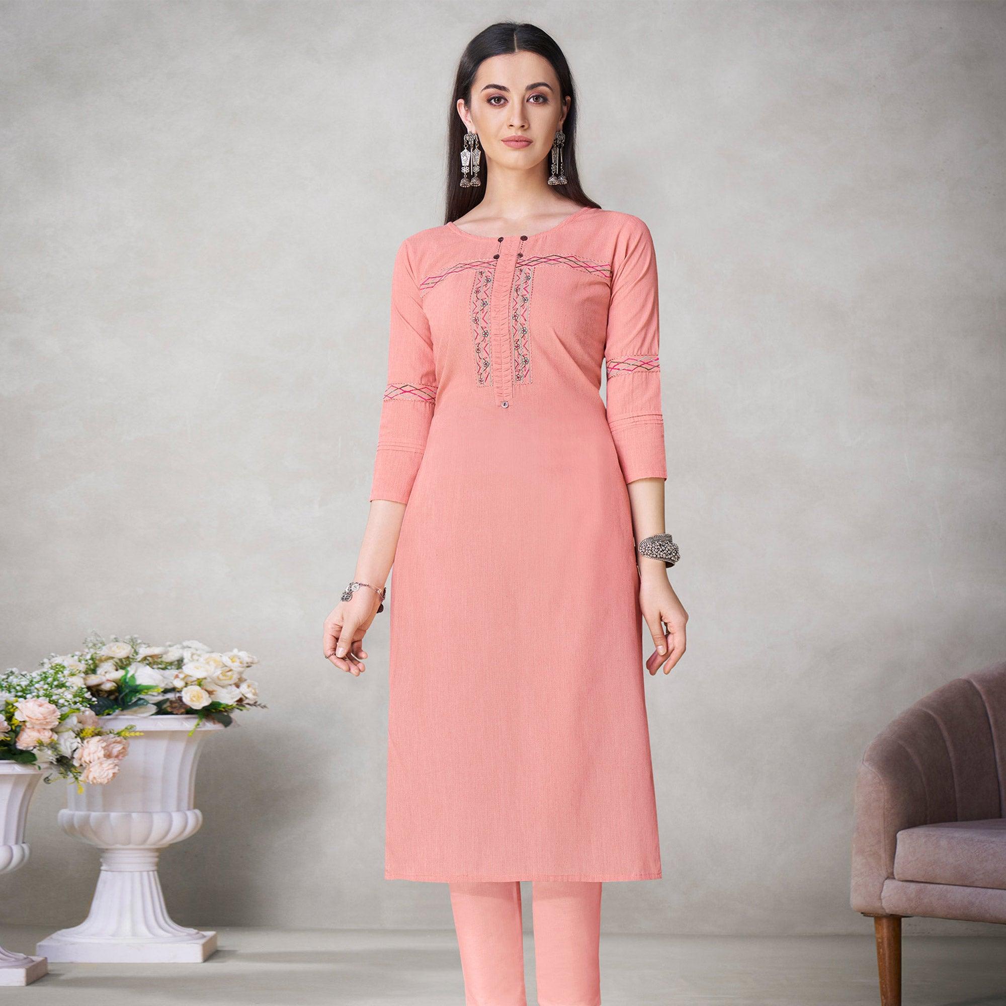 Peachmode Seller Glorious Peach Colored Partywear Embroidered Viscose Kurti