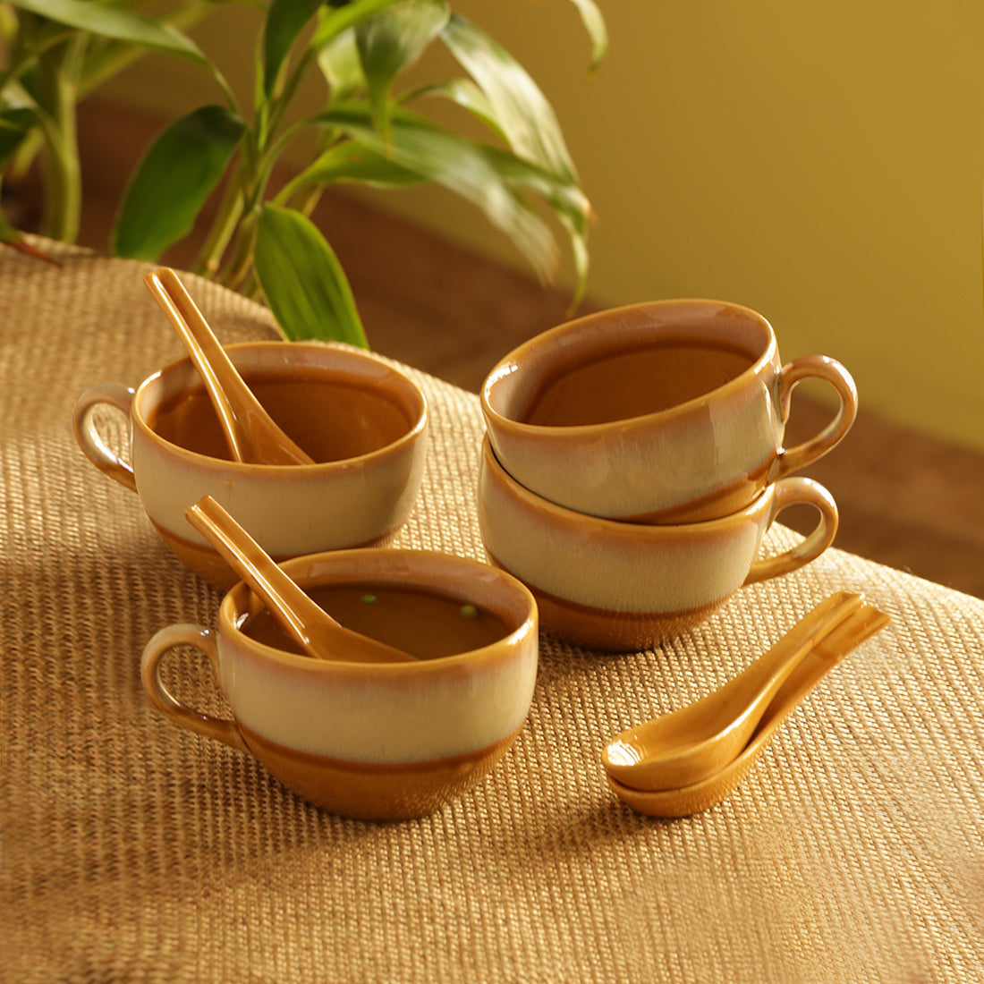 EXCLUSIVELANE 'The Eclipsed Four' Soup Bowls With Spoons Dual Glazed Studio Pottery In Ceramic (Set Of 4)