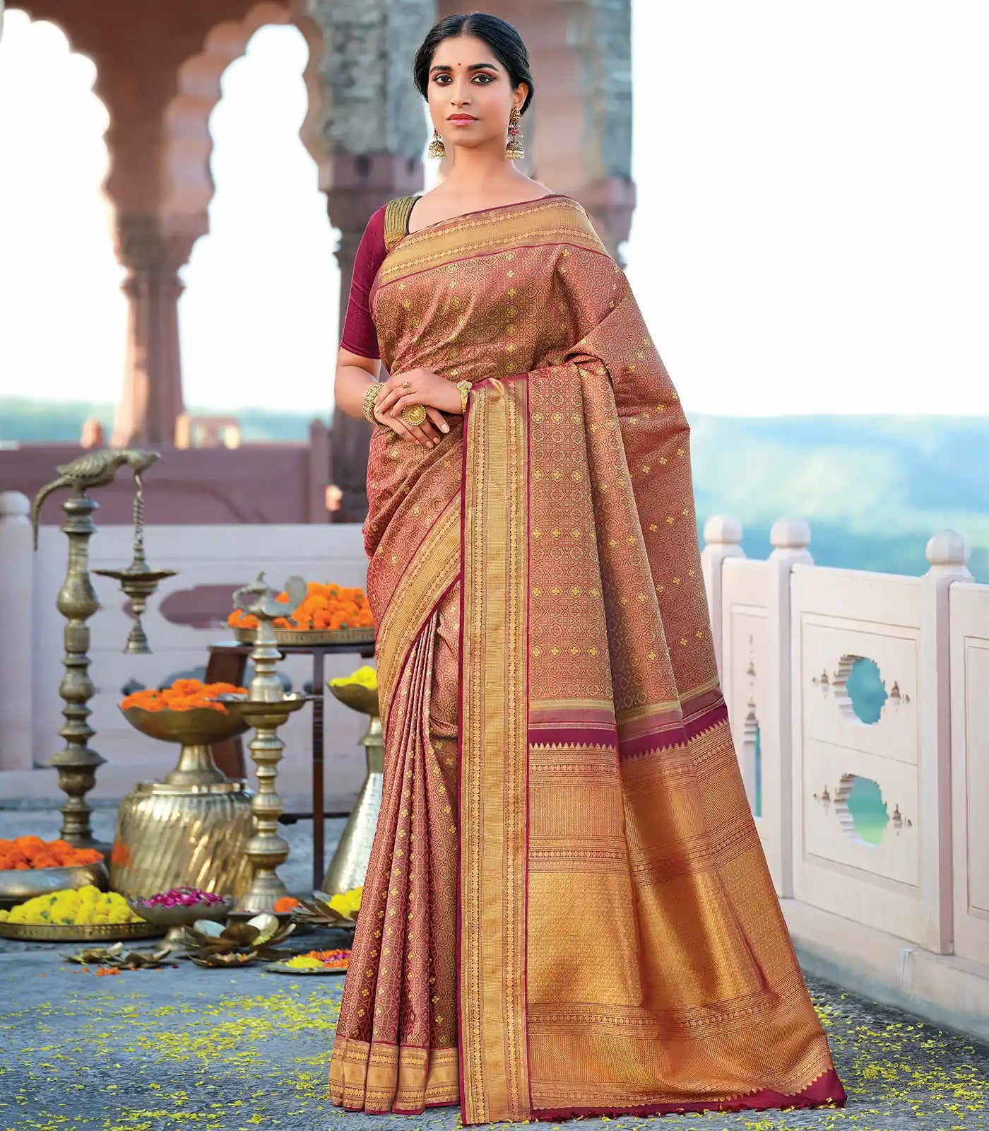 RmKV Maroon Handloom Natural Dyed Silk Saree With Kamalam Motifs