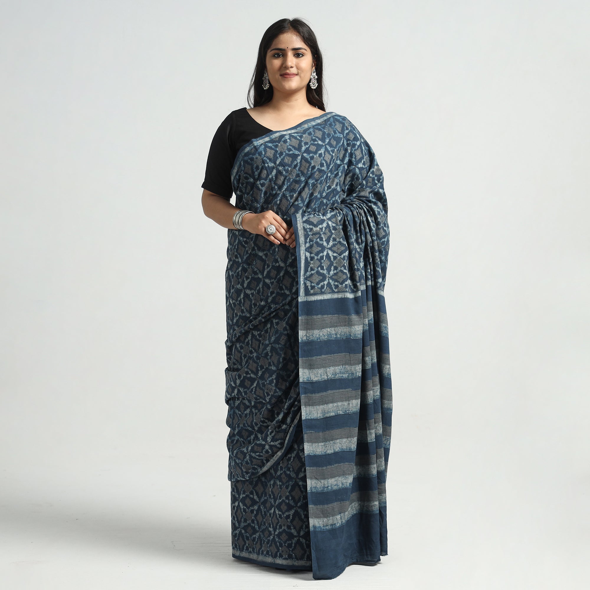 HAVELI CHRONICLES Blue - Akola Hand Block Printed Cotton Saree