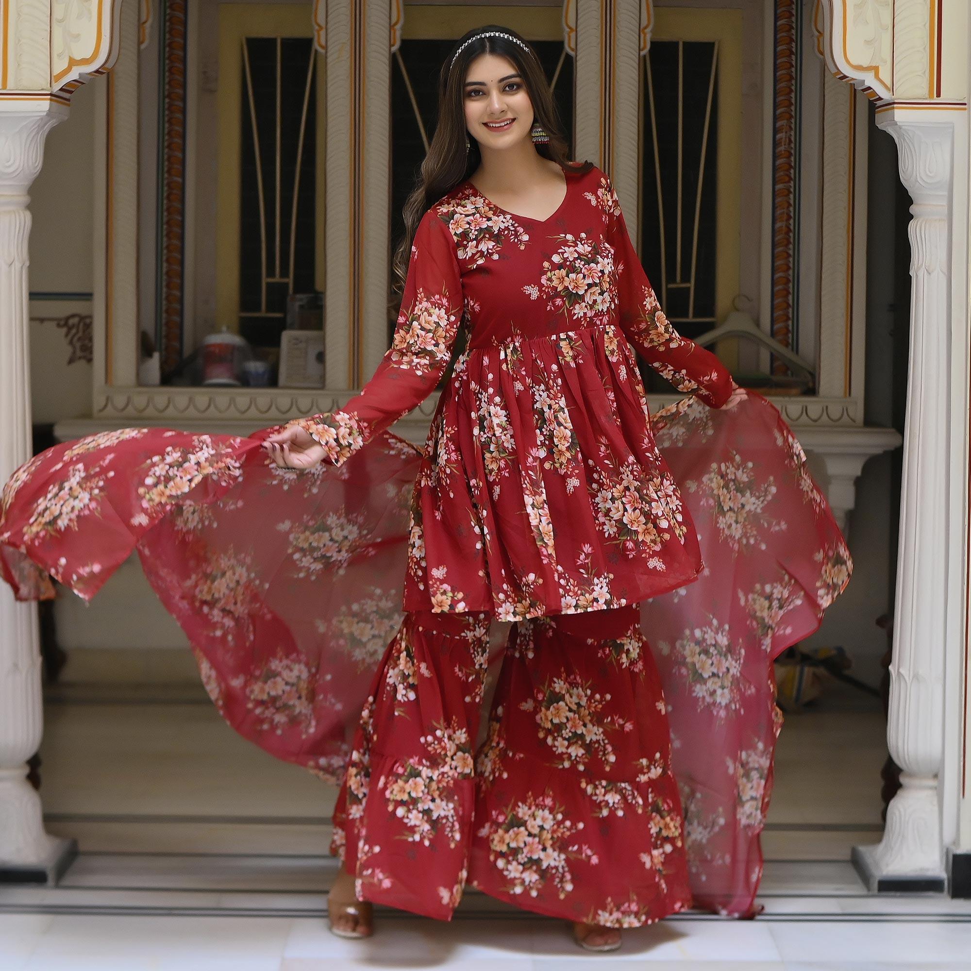 Peachmode Maroon Floral Printed Georgette Sharara Suit