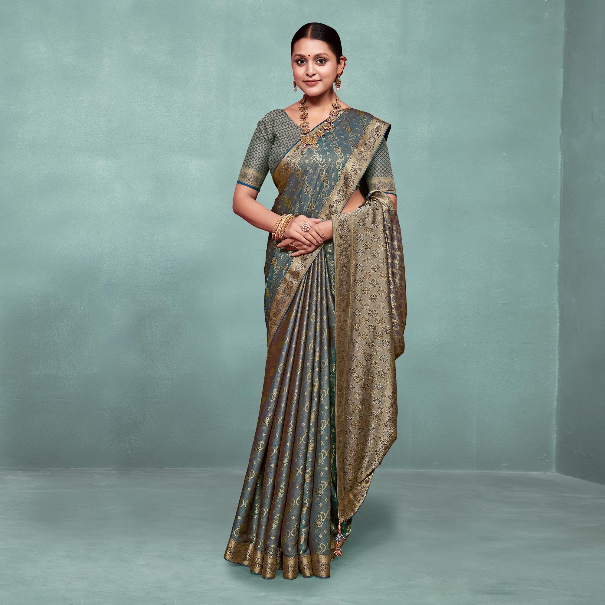 Peachmode Grey Woven With Swarovski Work Pure Silk Saree