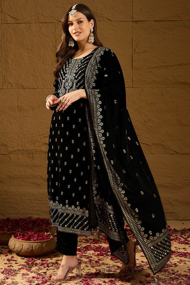Ahika Black Velvet Ethnic Motifs Printed Straight Trousers Suit Set PKSKD2922