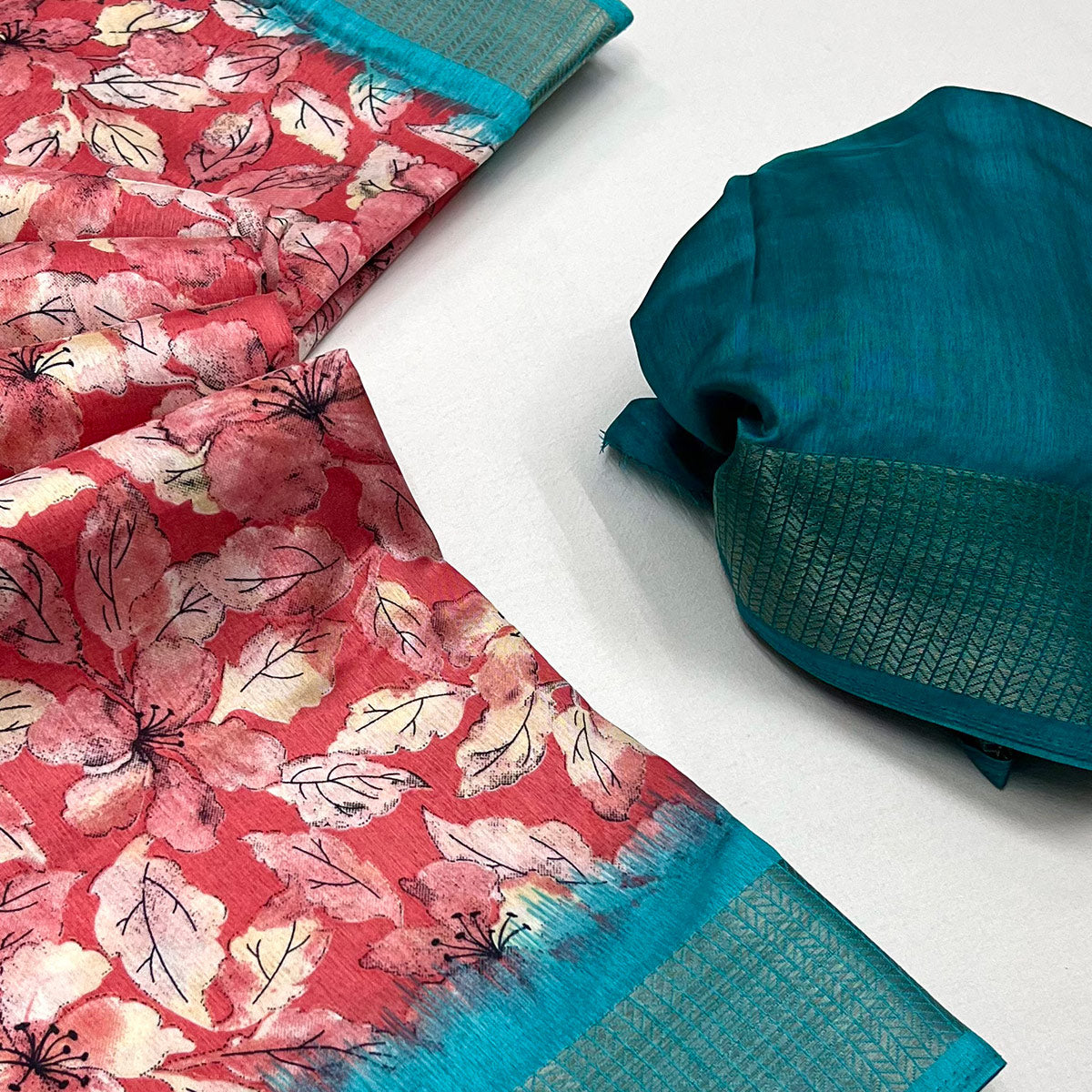 Peachmode Gajari Pink Floral Printed Dola Silk Saree With Woven Border - view 2
