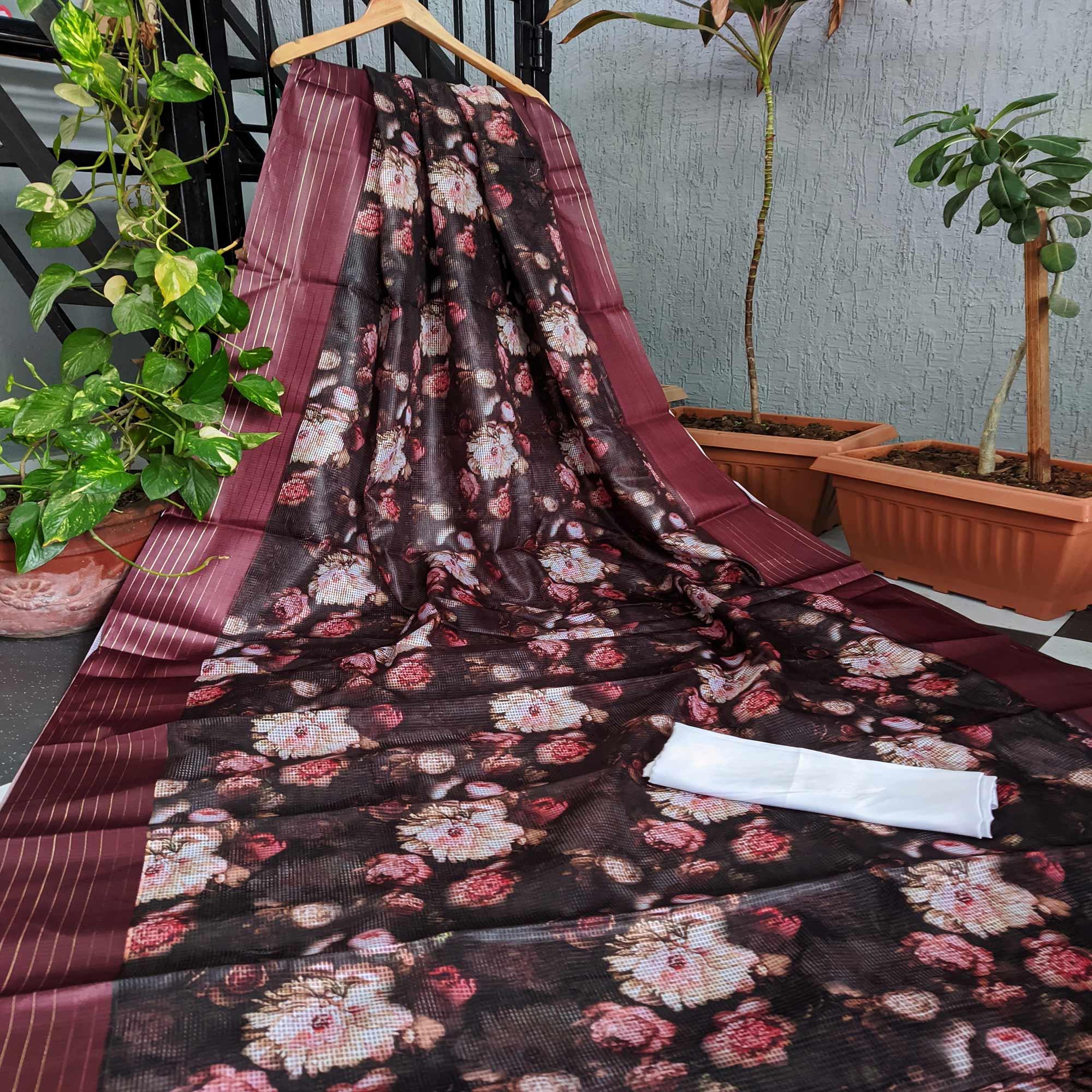 Peachmode Coffee Festive Wear Floral Digital Print With Woven Border Silk Saree