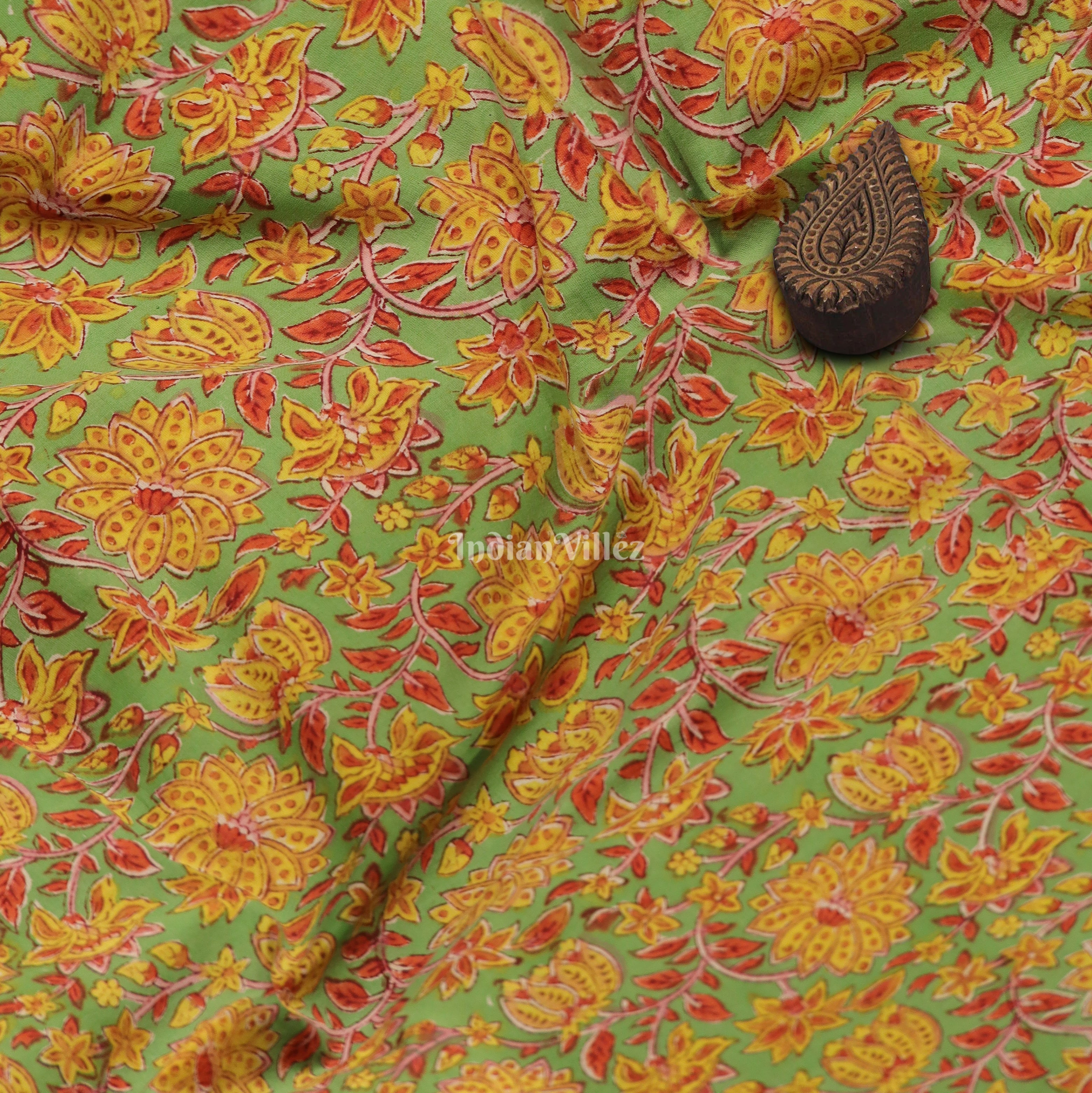 IndianVillèz Yellow Green Floral Hand Block Printed Cotton Fabric