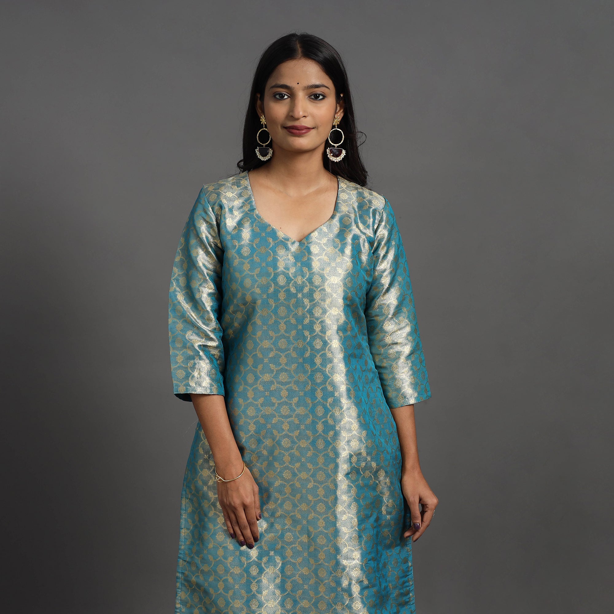 ITOKRI CASUALS Blue - Cutwork Tissue Zari Jaal Banarasi Silk Kurta 06