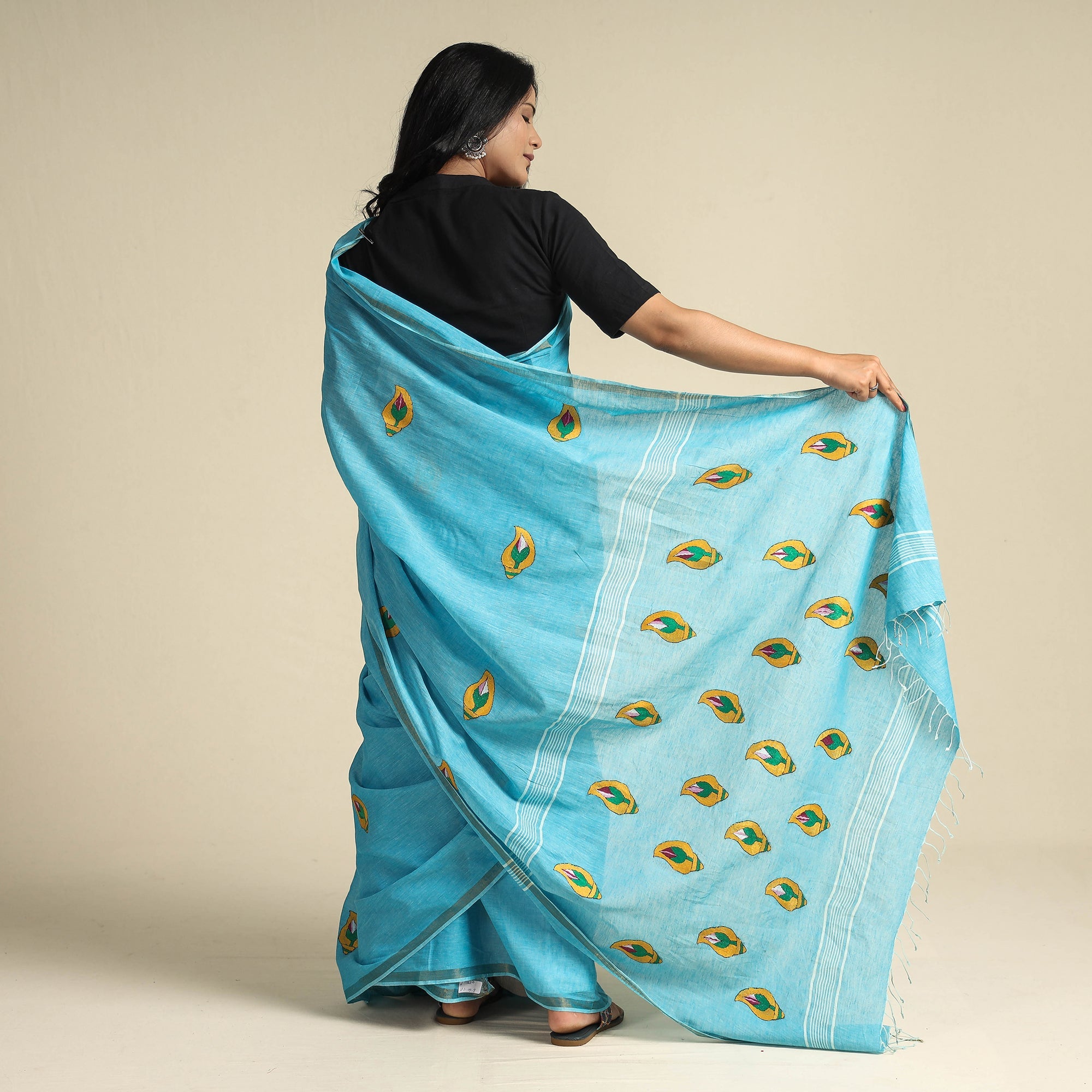 KHUSHBASH - HAPPY LOOM OF EAST Blue - Bengal Kantha Embroidery Pure Cotton Handloom Saree - view 7
