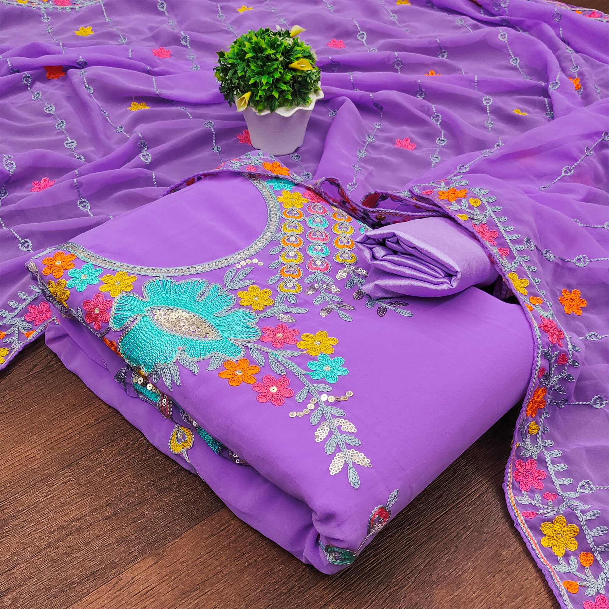 Peachmode Lavender Floral Sequins Embroidered Georgette Dress Material