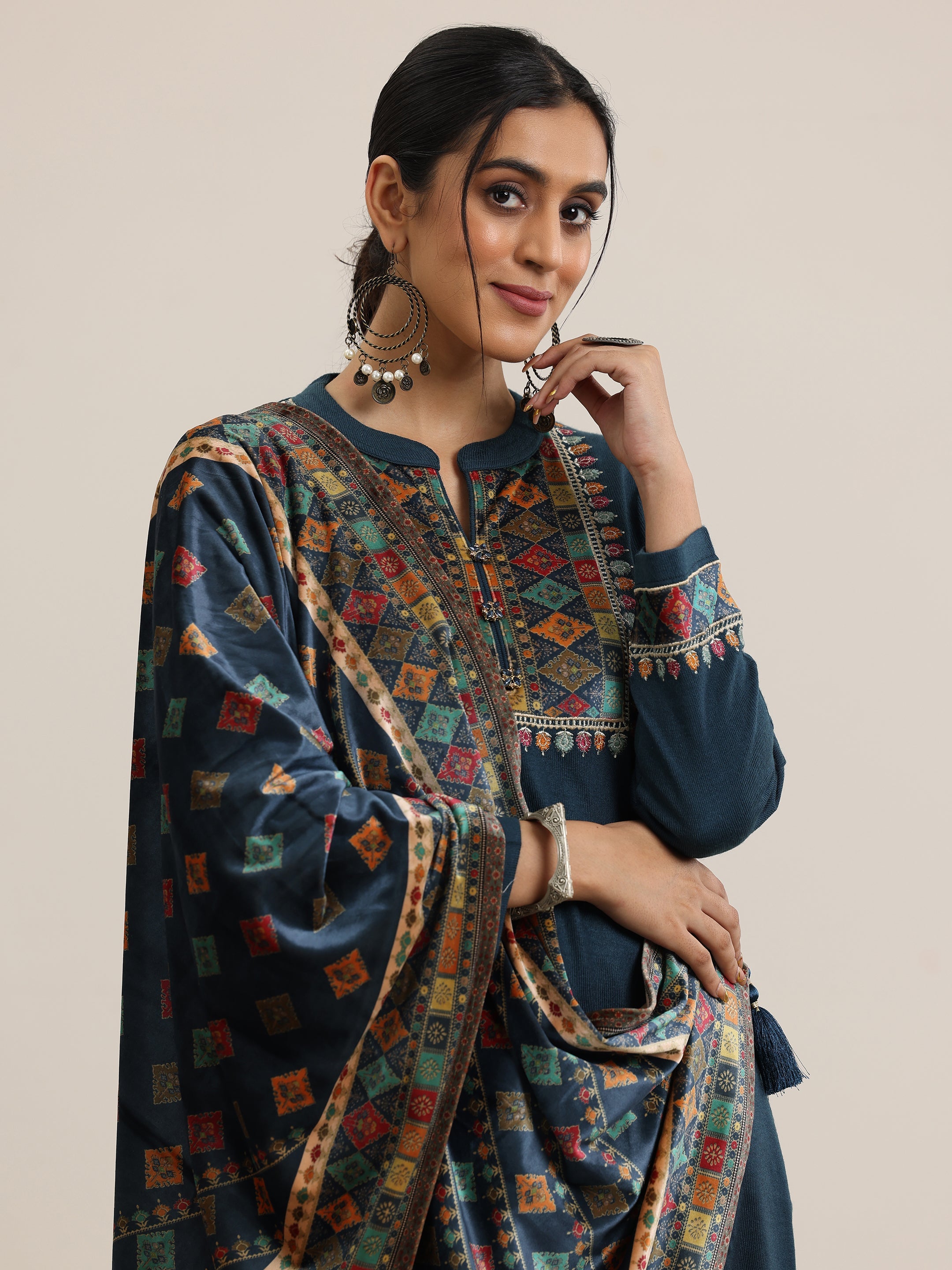 Libas Blue Yoke Design Wool Blend Straight Suit With Dupatta - view 5