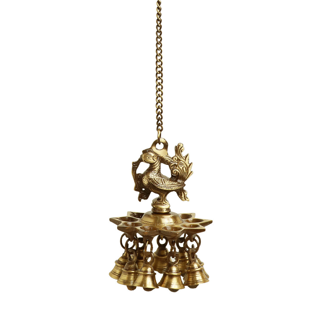 EXCLUSIVELANE 'Paradise Peacock' Hand-Etched Decorative Hanging Diya with Bell In Brass (9 Diyas & Bells) - view 2
