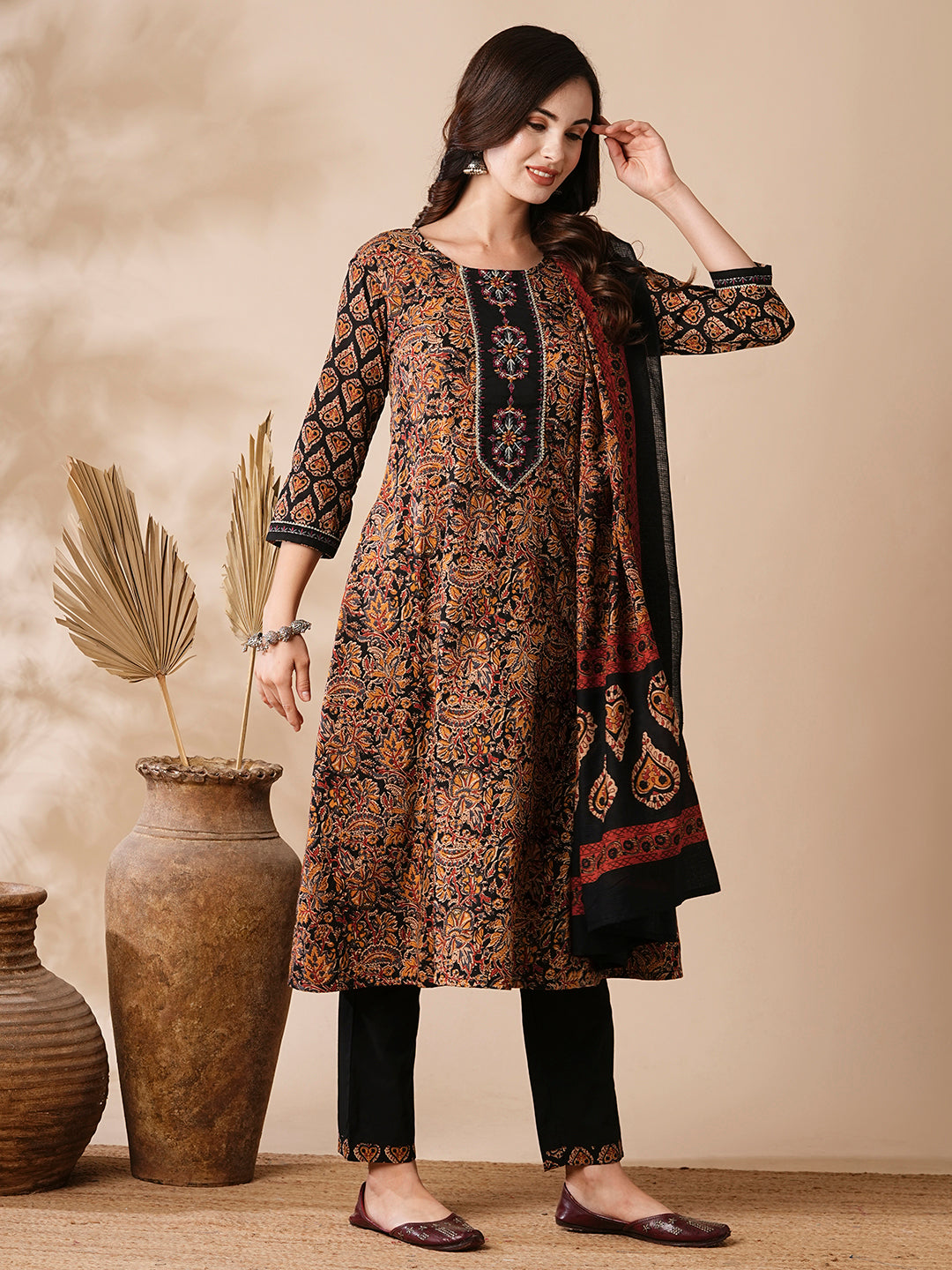 Fashor Floral Ethnic Printed & Embroidered Anarkali Kurta with Pant & Dupatta - Black - view 5