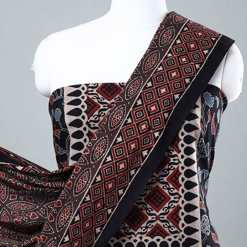 AJRAKH BY JABBAR KHATRI Black - 3pc Ajrakh Block Printed Cotton Suit Material Set - view 3