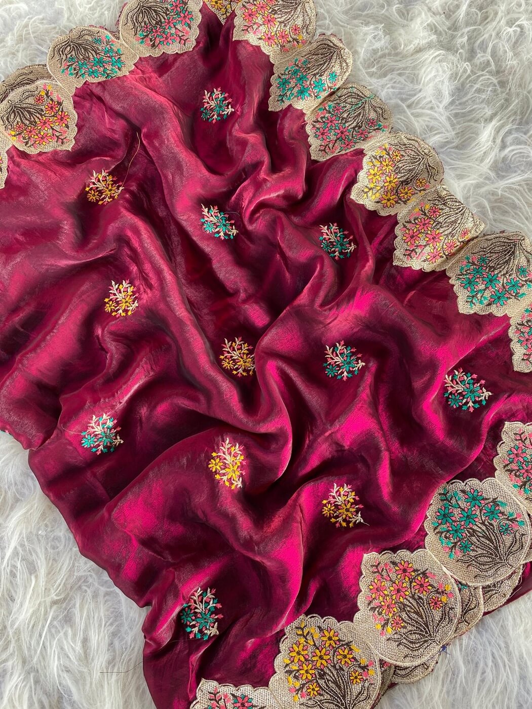 Tasrika Majesty Maroon Embroidery Work Fendy Silk Saree With Adorning Blouse Piece