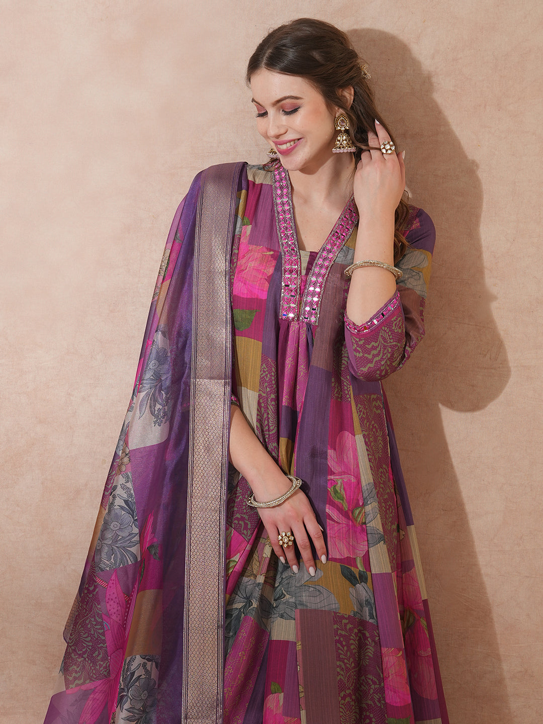 FASHOR Abstract Floral Printed & Embroidered A-Line Kurta with Pant & Dupatta - Purple - view 2