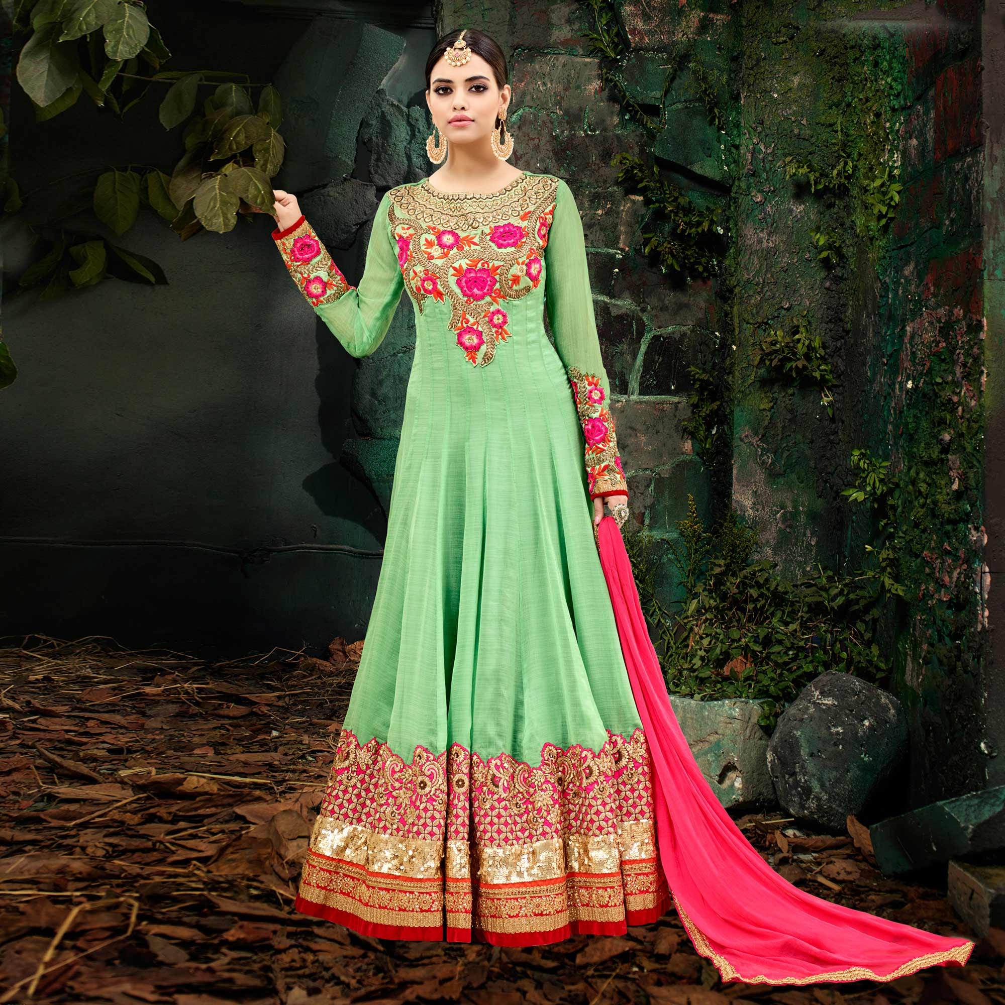 Peachmode Classy Green Georgette Chiffon Designer Anarkali Suit
