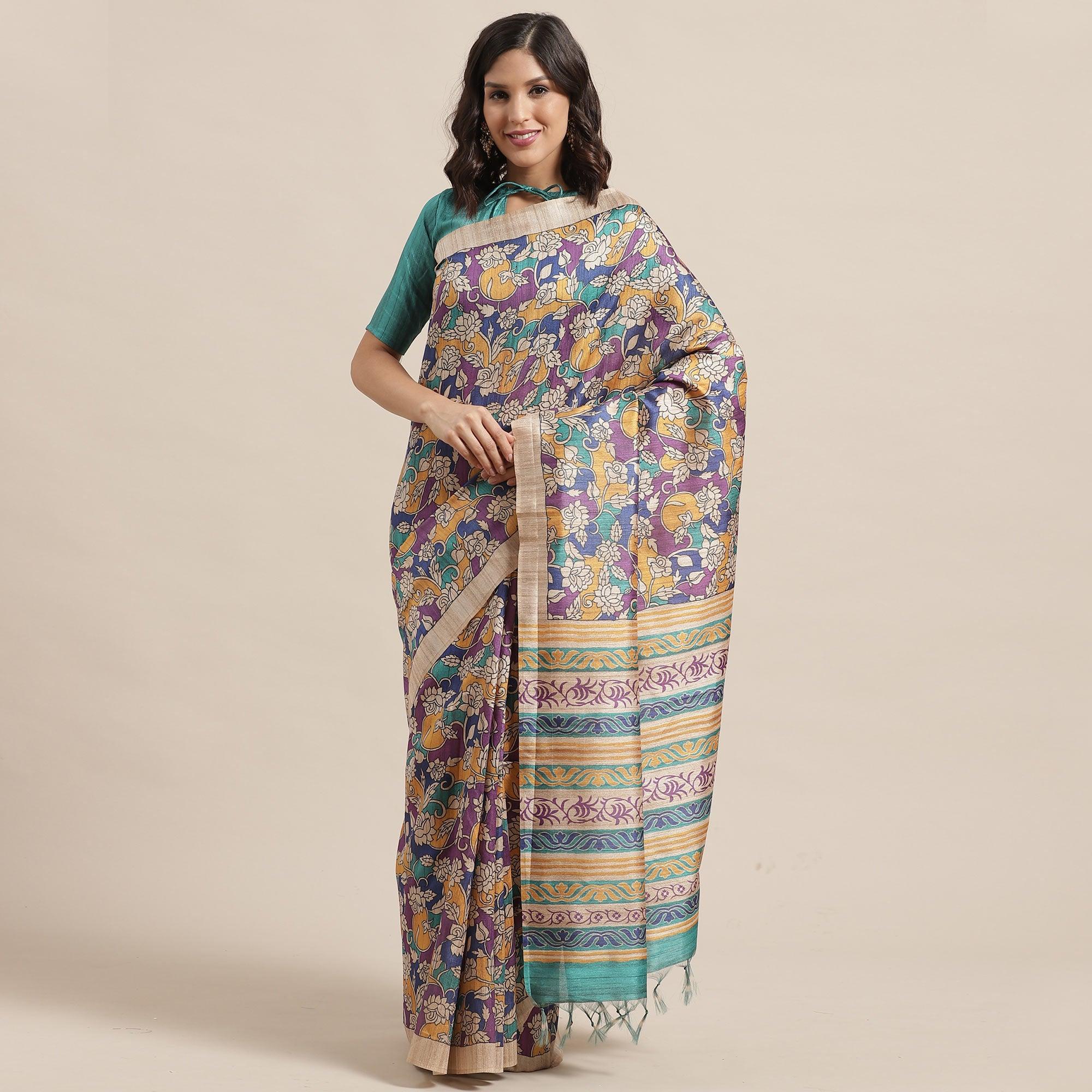 Peachmode Demanding Beige-Multi Colored Casual Wear Floral Printed Silk Blend Saree With Tassels