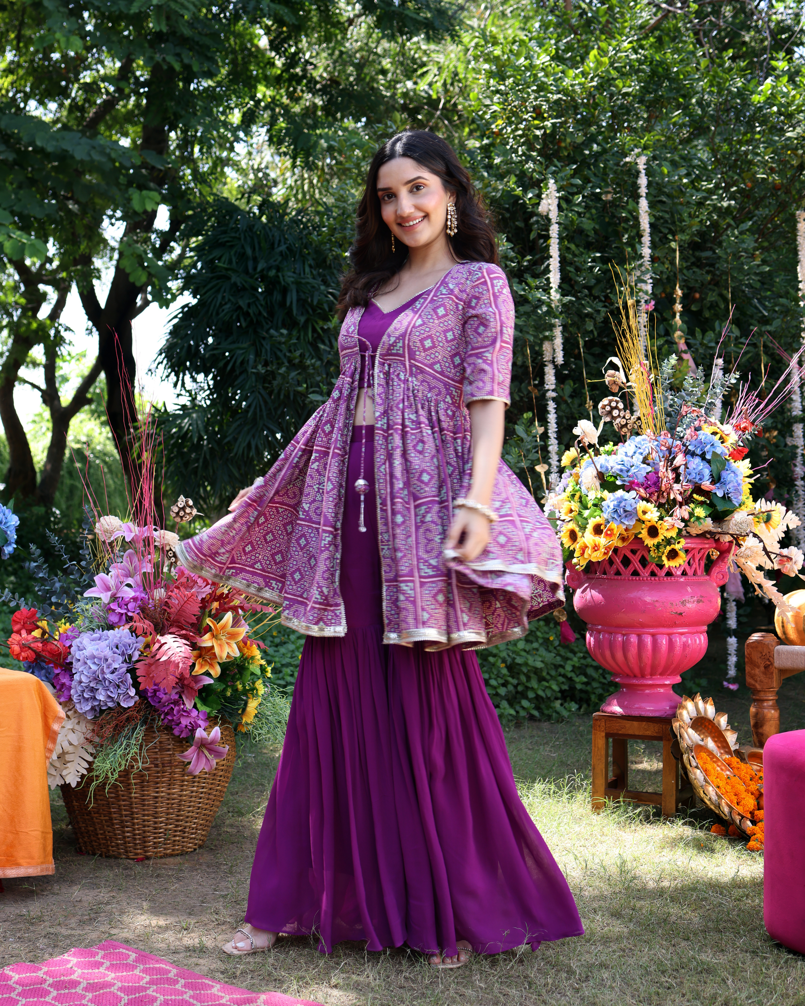 Aachho Geometric Purple Elegance Printed Satin Sharara Set - view 10
