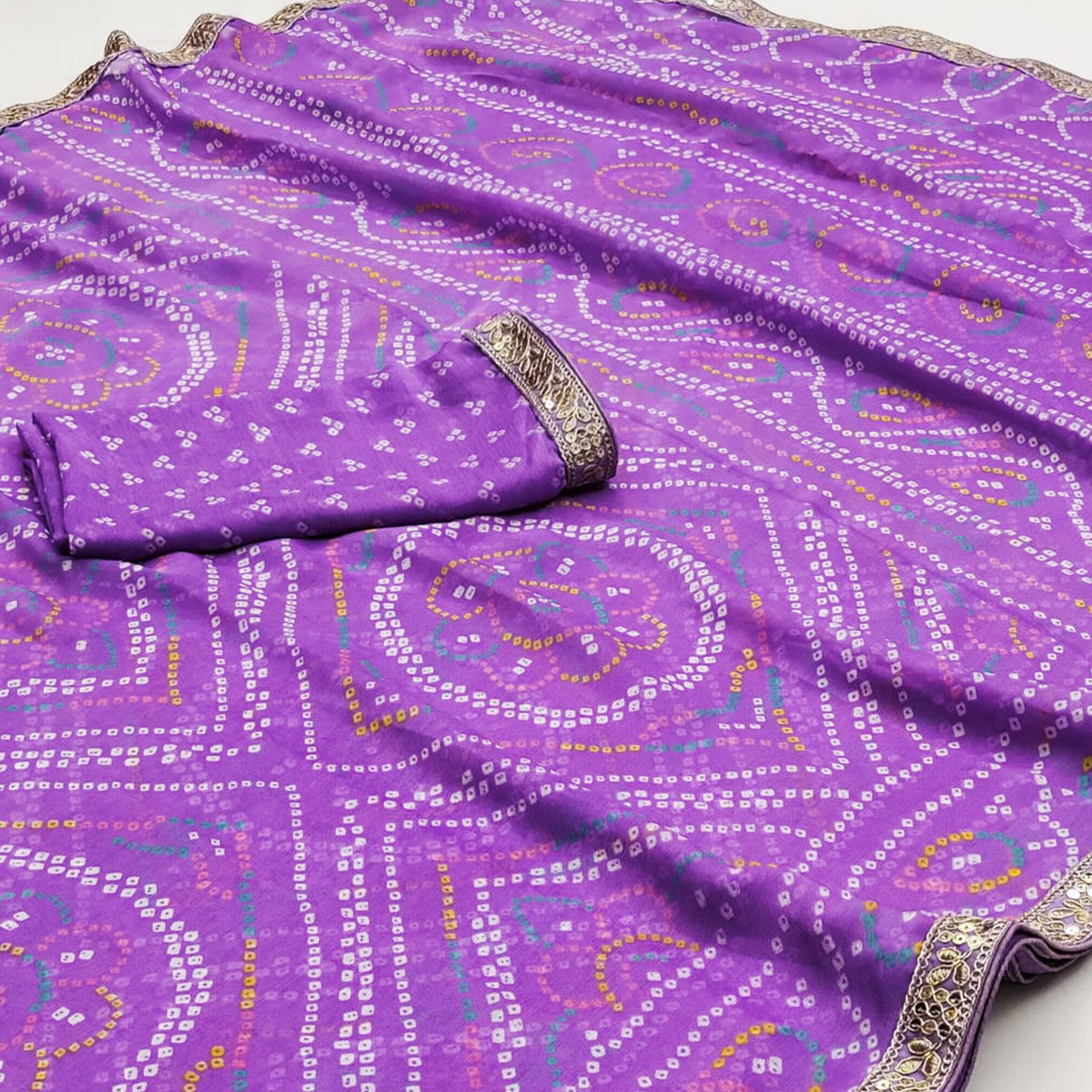 Peachmode Lavender Bandhani Printed Chiffon Saree - view 2