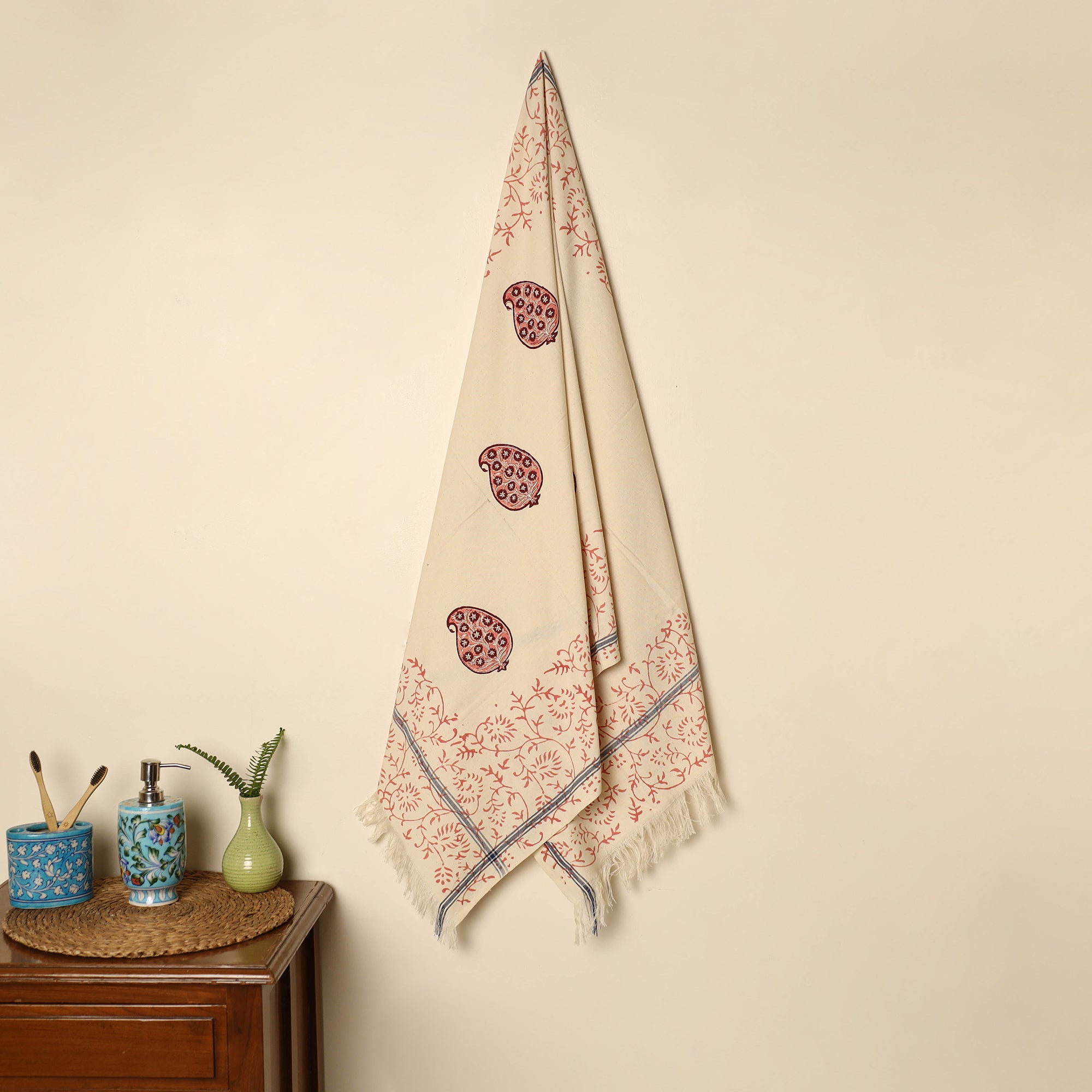 ARTISAN HAND BLOCK PRINTS Beige - Block Printed Handloom Cotton Sanganeri Towel 69