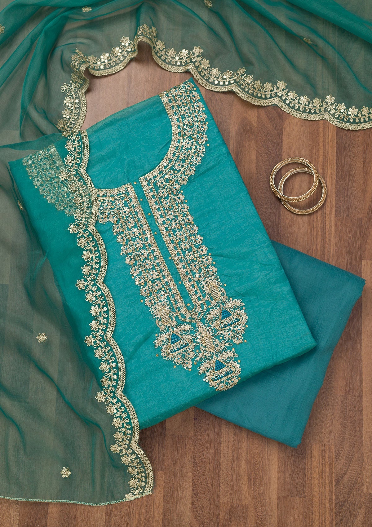 Koskii Sea Green Zariwork Tissue Unstitched Salwar Suit