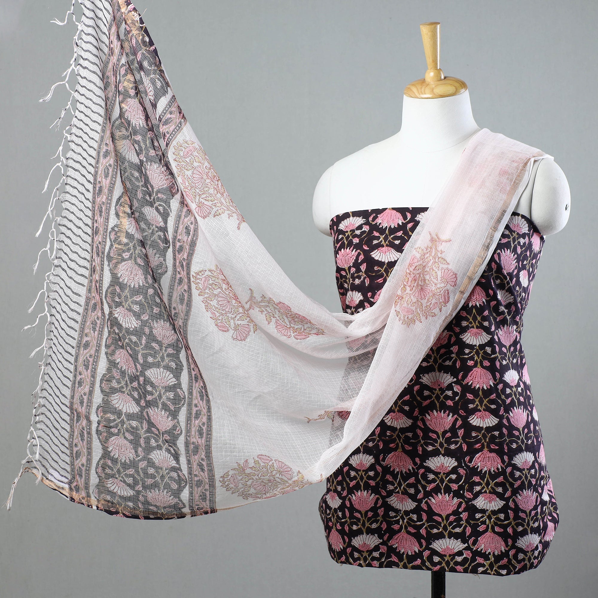 KUSUMLATA 3pc Sanganeri Block Printed Cotton Suit Material with Kota Doria Dupatta 12