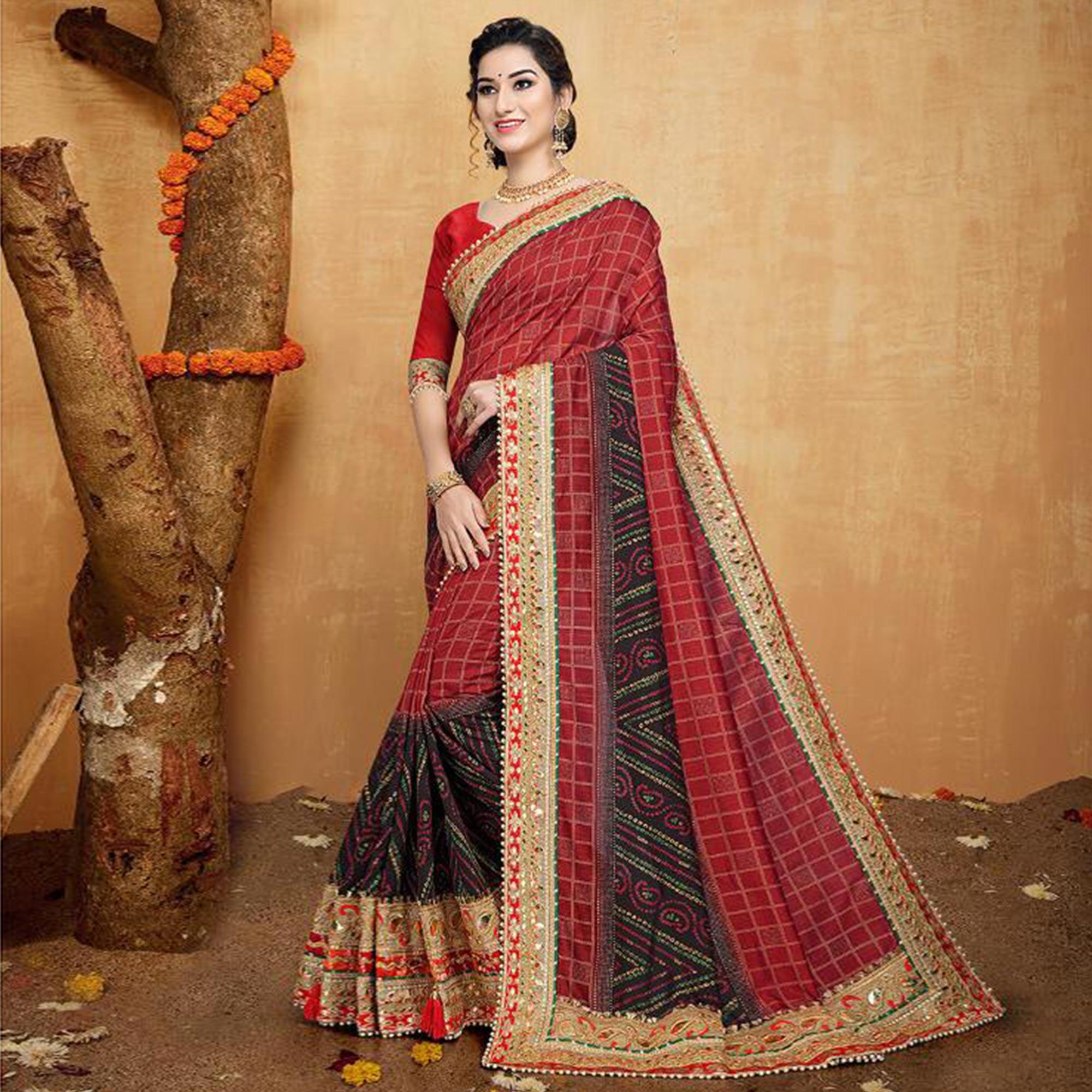 Peachmode Breathtaking Red Colored Festive Wear Zari Work Vichitra Silk Saree