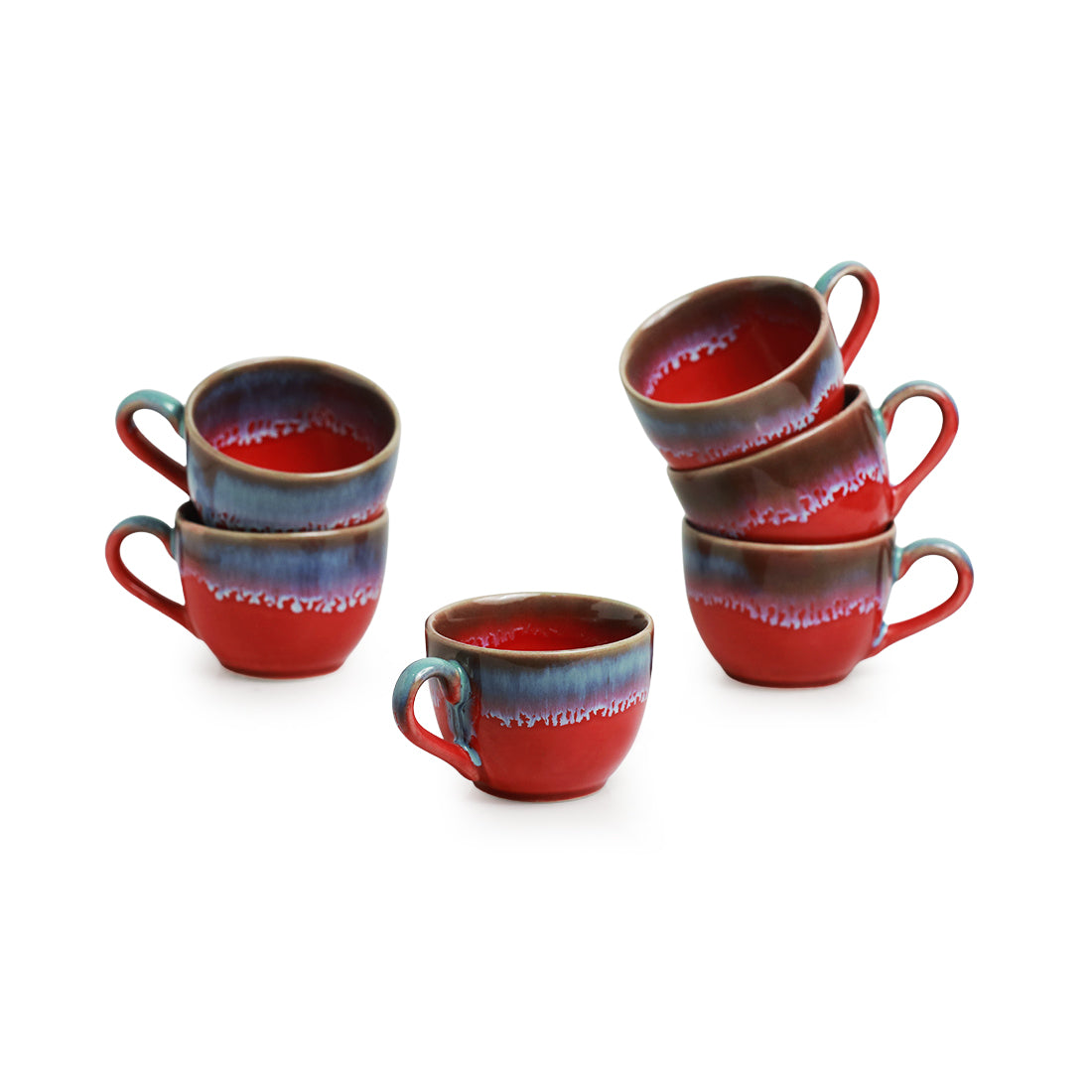 EXCLUSIVELANE 'Coral Reef' Tea Cups In Ceramic (Set Of 6, Hand Glazed Studio Pottery, Red & Cyan Blue) - view 2