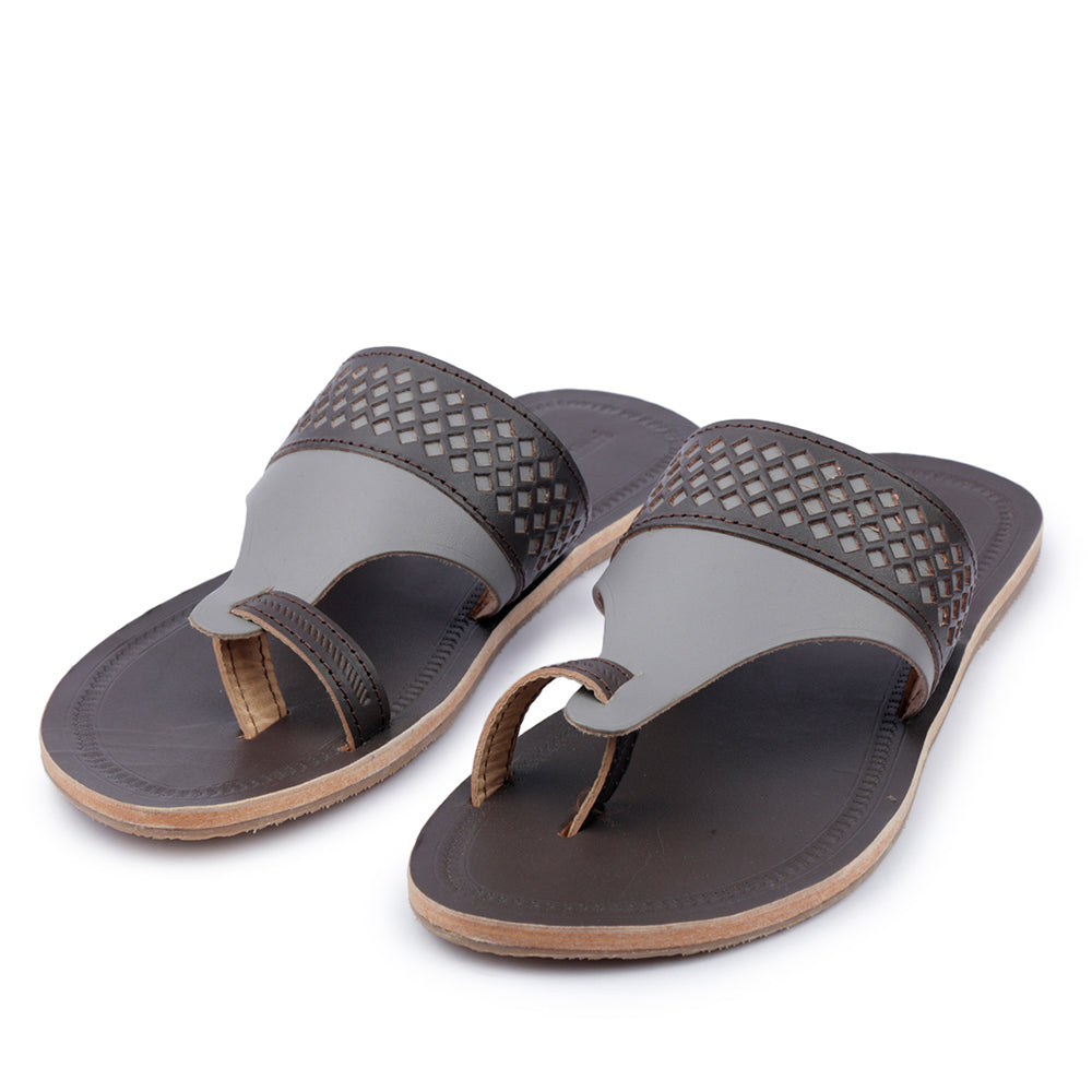 KORAKARI Brown & Grey Handstitched Leather Kolhapuri Men Sandal