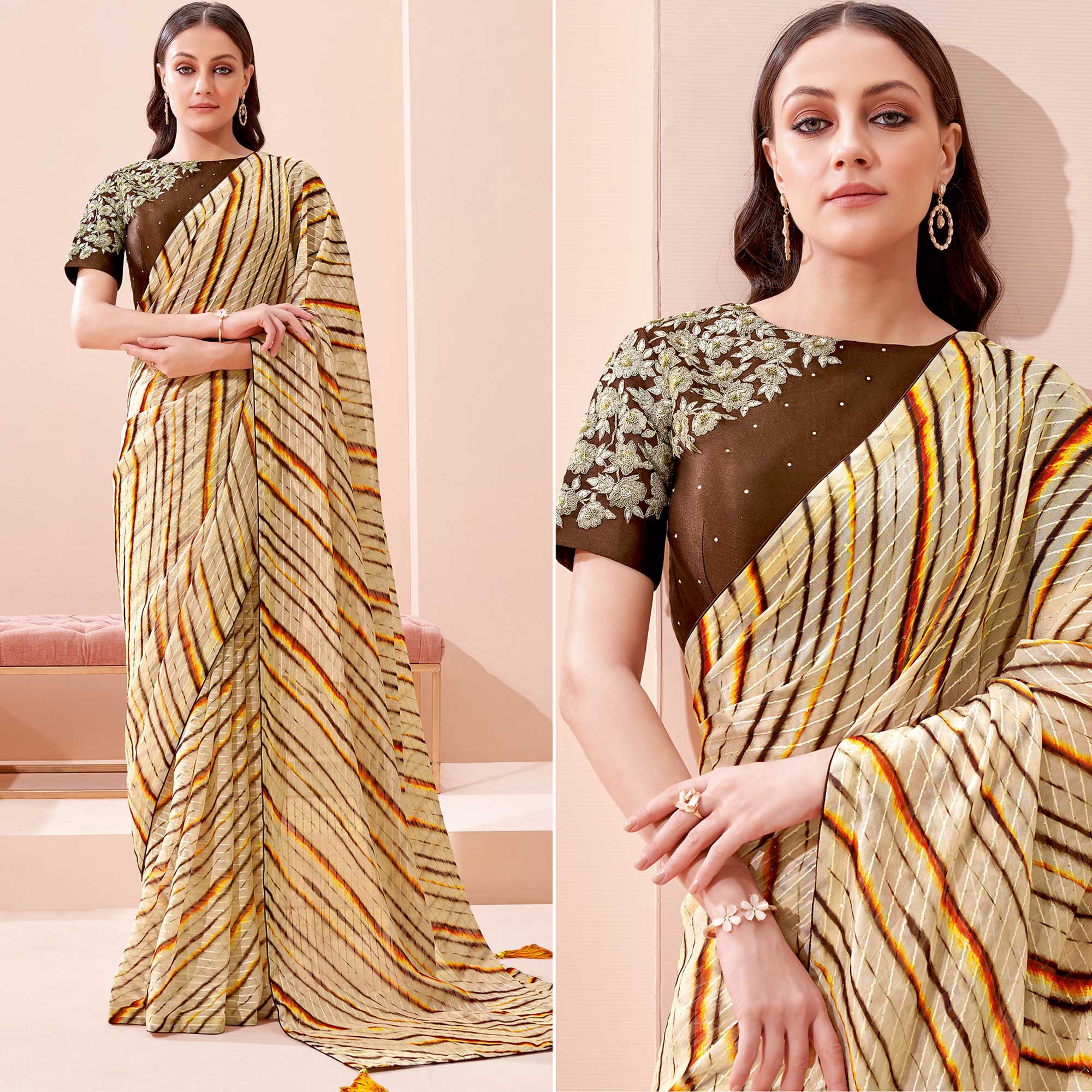 Peachmode Cream Printed With Embroidered Georgette Saree