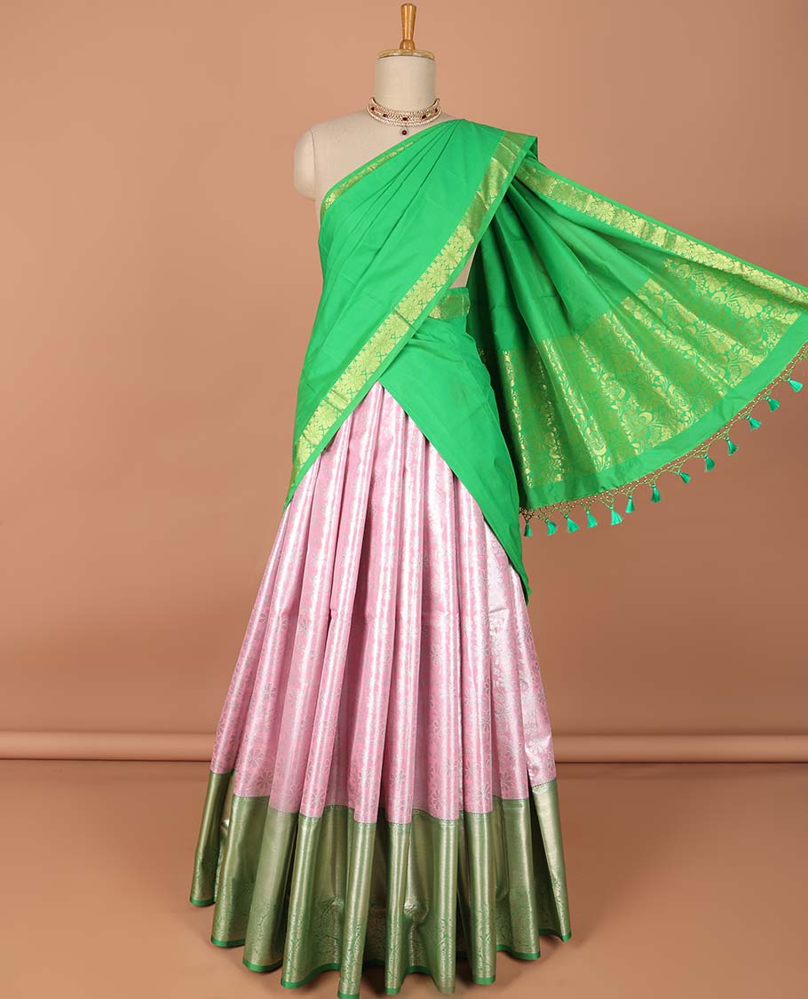 Pothys Pink floral jaal jacquard art-silk half saree, contrast traditional zari border,zari design blouse & floral zari design dhavani