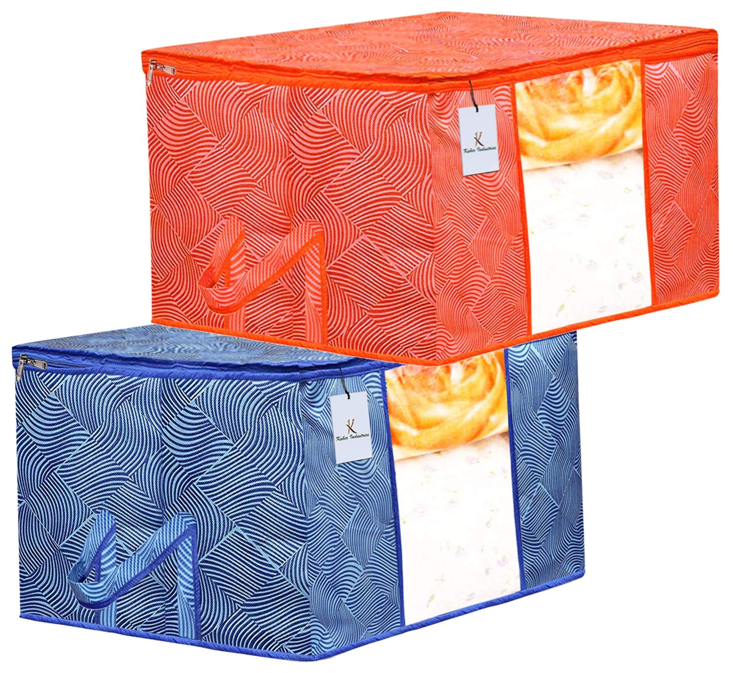 Kuber Industries Leheriya Printed 2 Piece Non Woven Fabric Underbed Storage Bag,Cloth Organiser,Blanket Cover with Transparent Window, Orange & Blue -
