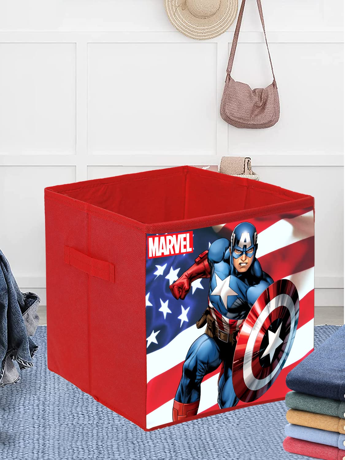 Kuber Industries Marvel Captain America Print Durable & Collapsible Square Storage Box|Clothes Organizer With Handle,Pack of 4 (Red) - view 3