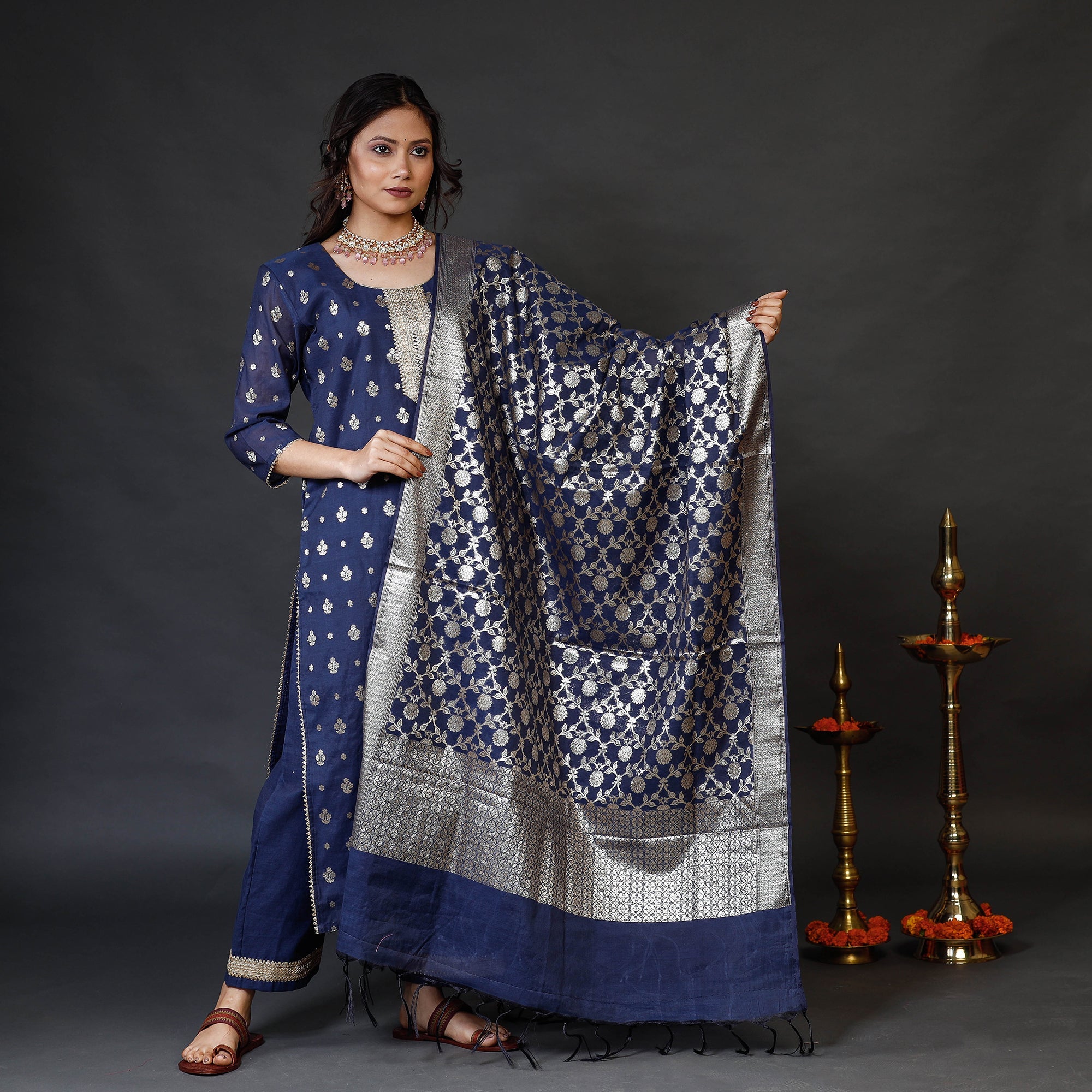 ITOKRI CASUALS Navy Blue Banarasi Silk Zari Work Kurta with Palazzo & Dupatta Set