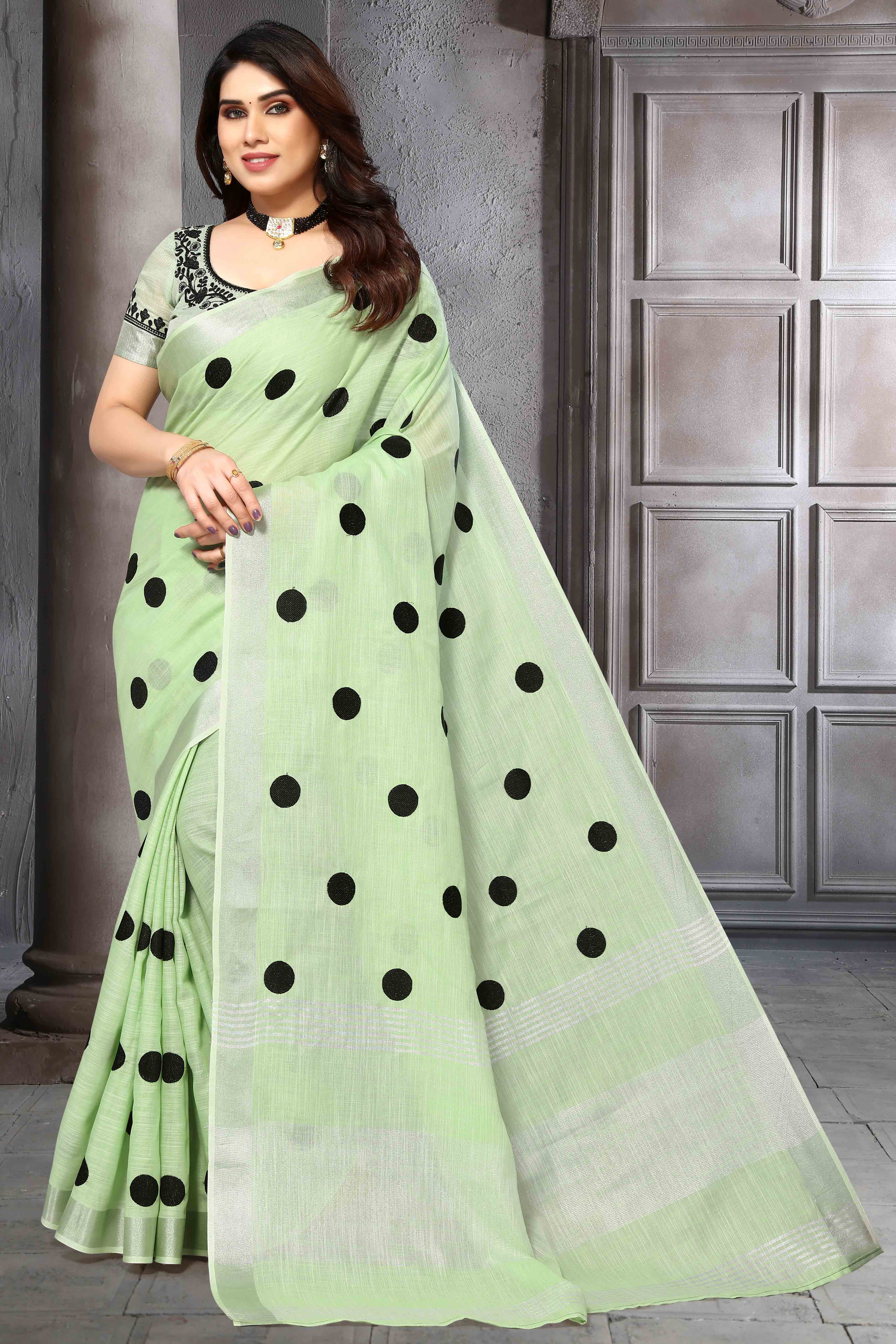 Peachmode Light Green Embroidered Linen Cotton Saree With Zari Border