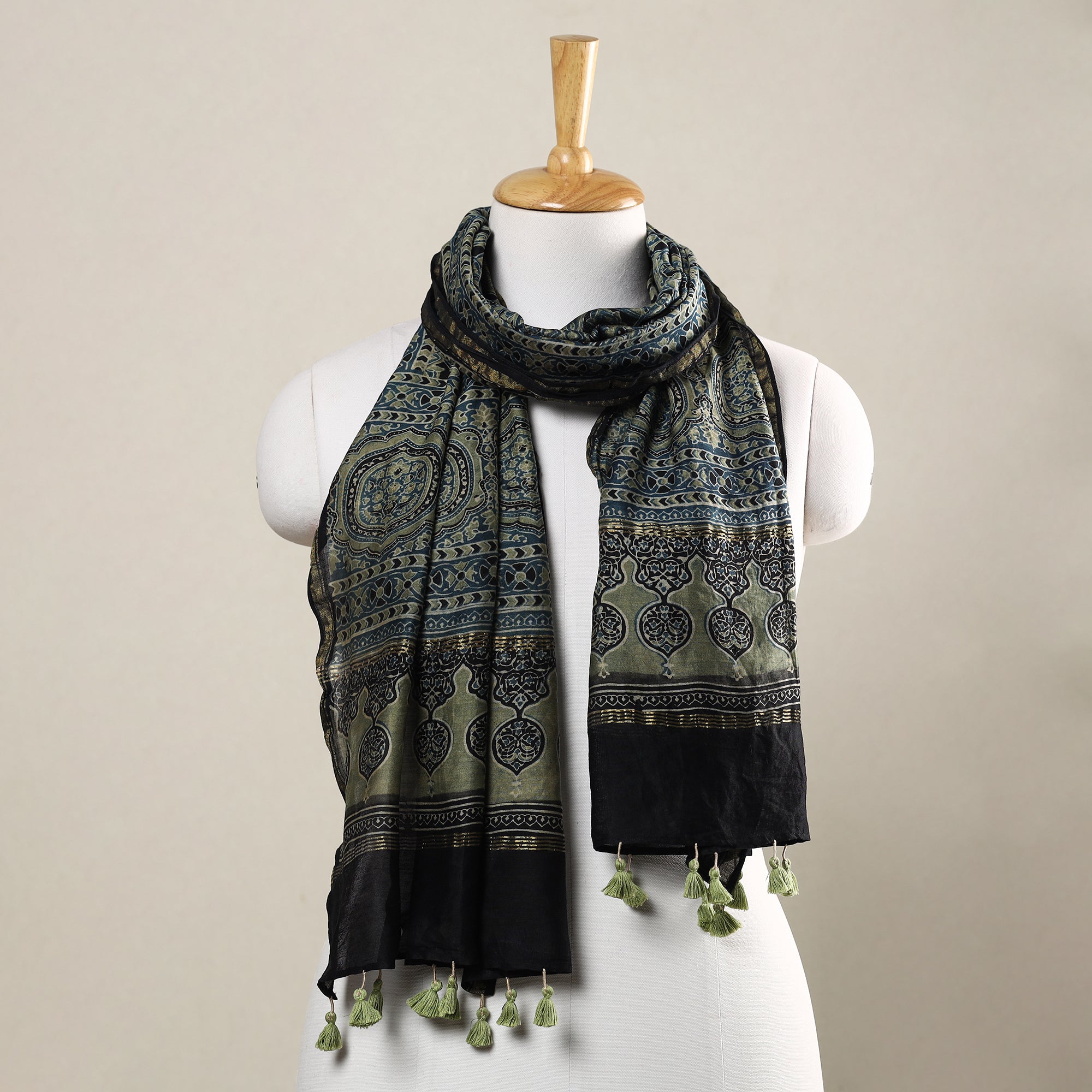 AJRAKH BY SUFIYAN ISMAIL KHATRI Blue - Ajrakh Hand Block Printed Chanderi Silk Handloom Stole with Tassels