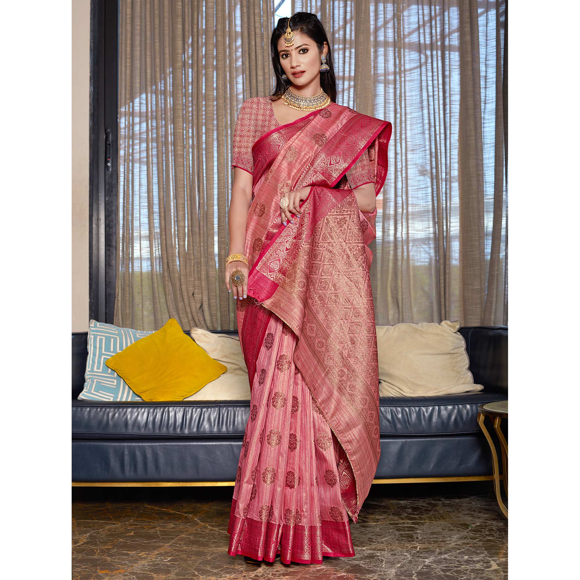 Peachmode Gajari Pink Floral Woven Cotton Blend Saree - view 5
