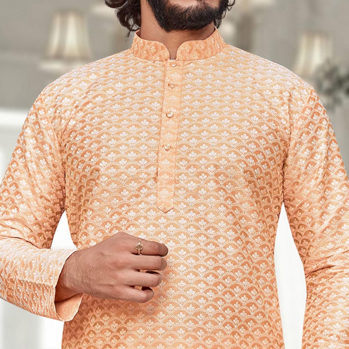 Peachmode Seller Light Orange Lucknowi Work Art Silk Kurta Pyjama Set - view 3