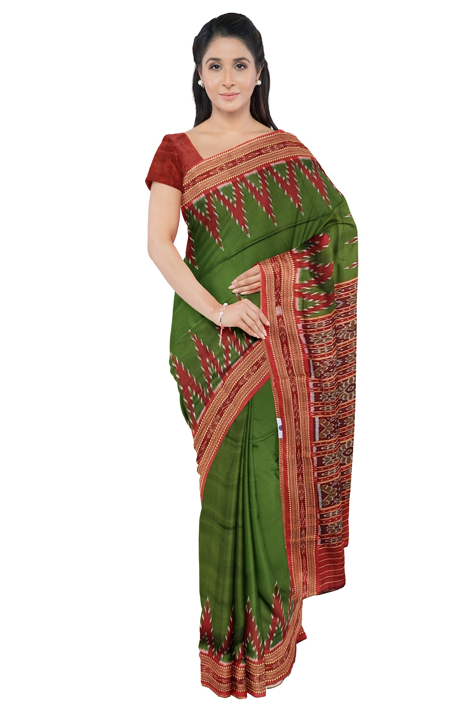 IndianVillèz Green Butta Design Odisha Ikat Khandua Silk Saree