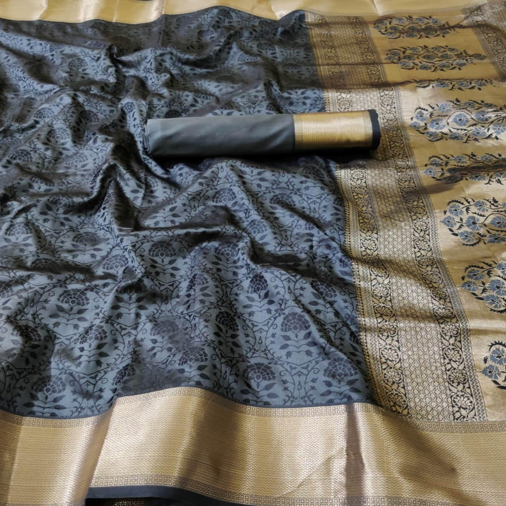Peachmode Charming Grey Colored Festive Wear Woven Heavy Silk Saree - view 2