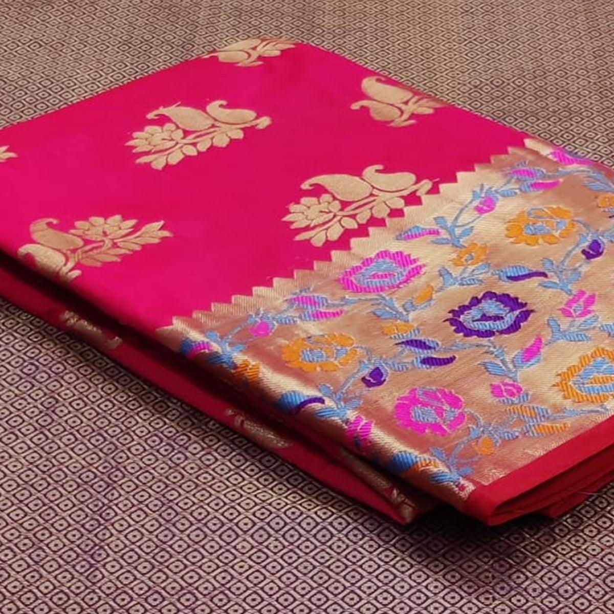 Peachmode Dark Pink Festive Wear Woven Silk Saree With Border - view 3