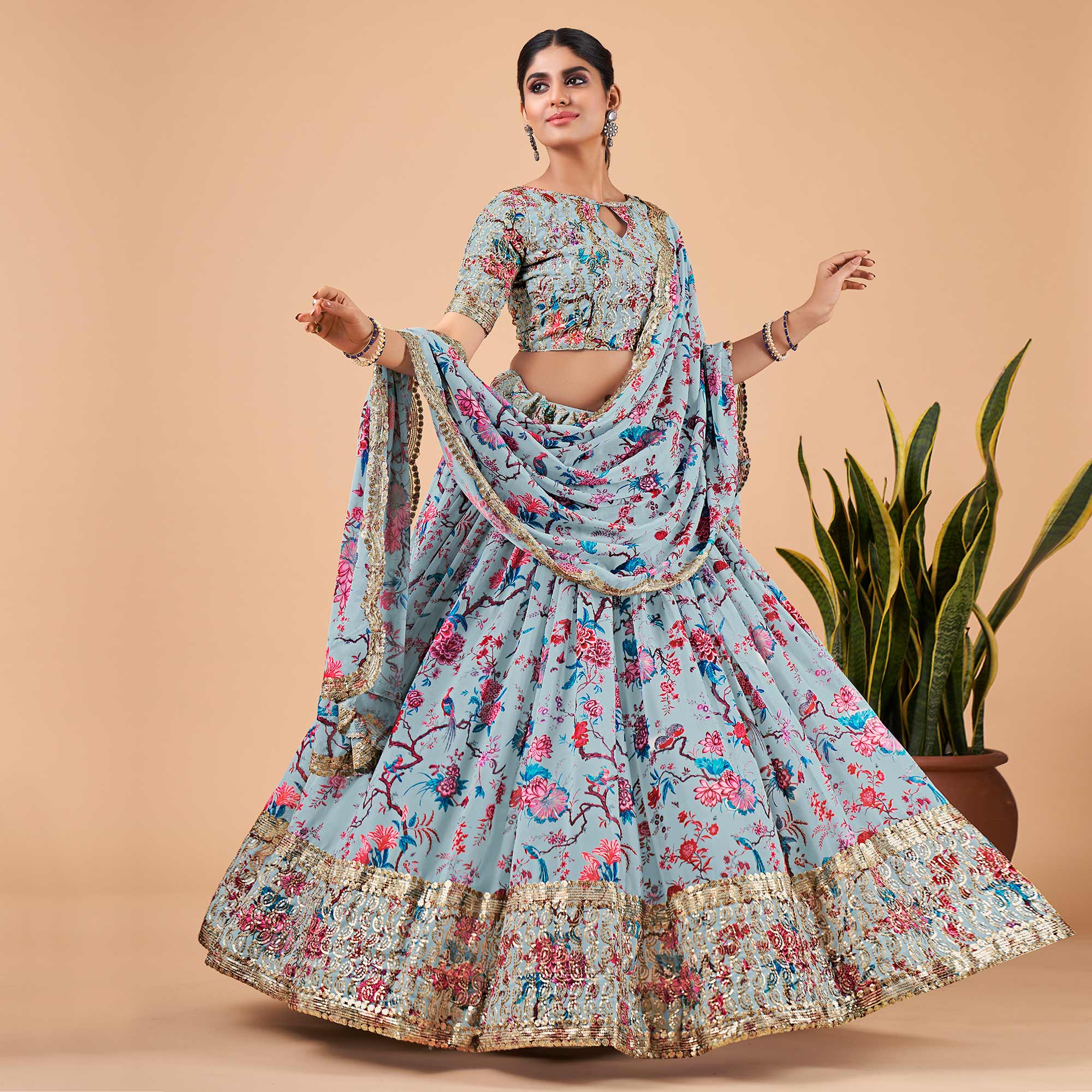 Peachmode Light Blue Floral Printed And Sequins Work Georgette Lehenga Choli
