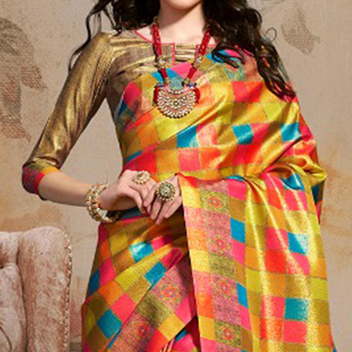 Peachmode Exotic Multi Colored Festive Wear Printed Silk Blend Saree With Tassels - view 2