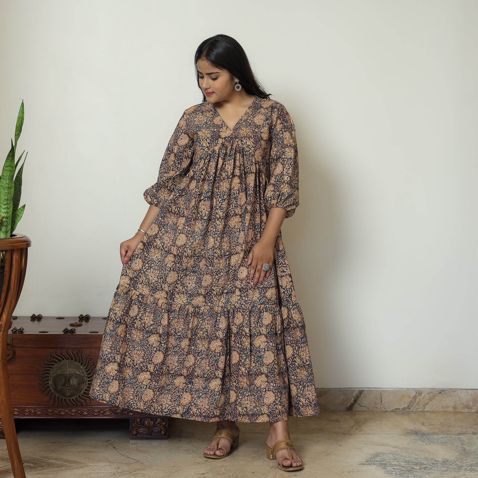 ITOKRI CASUALS Black - Pedana Kalamkari Block Printed Cotton Flared Gher Dress 07 - view 3