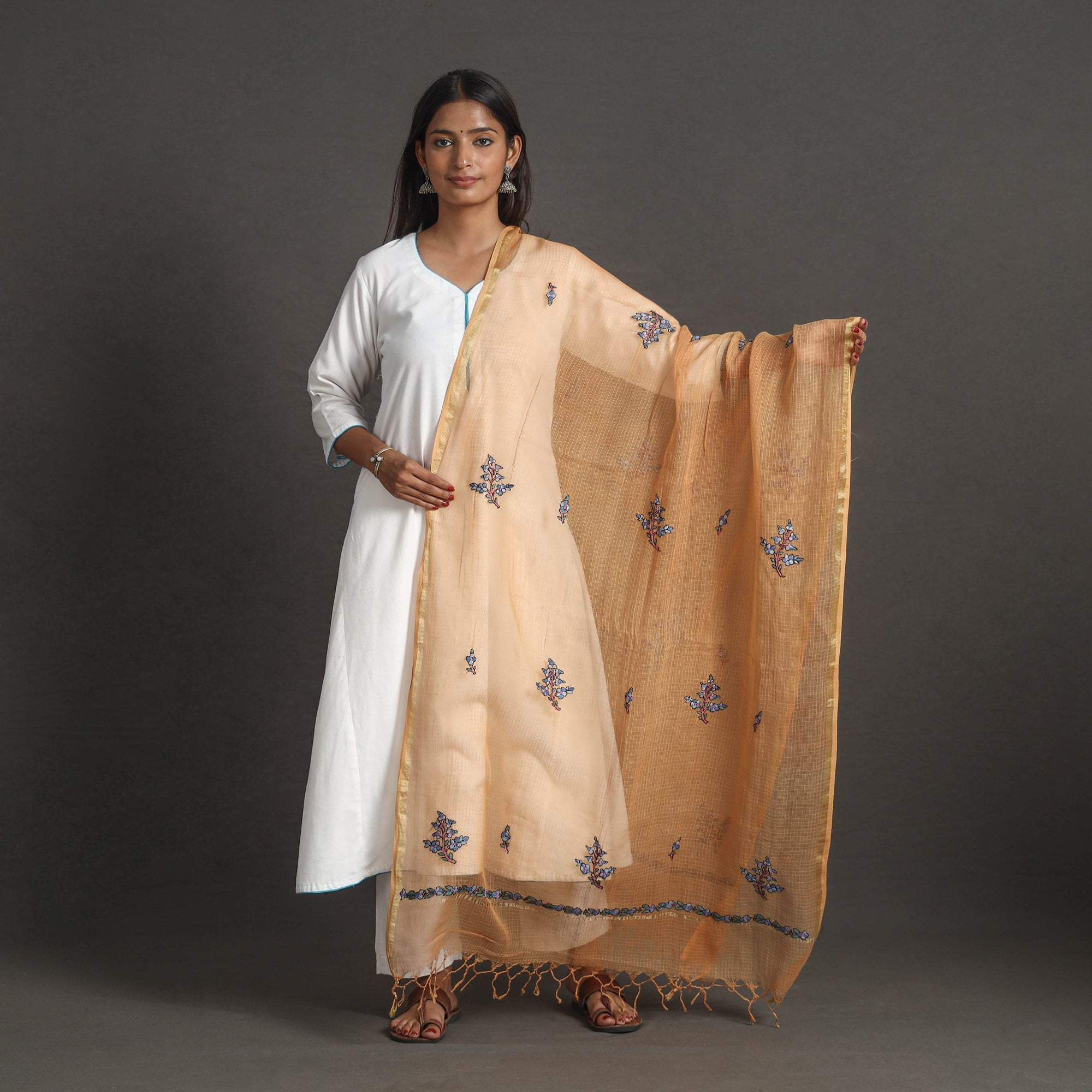 ITOKRI CRAFTS INITIATIVE Orange - Kota Doria Silk Cotton Kashida Embroidery Dupatta 44